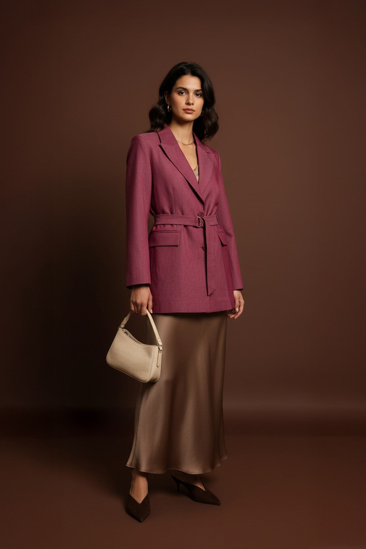 Kadın Kuşak Detaylı Vatkalı Denim Blazer Ceket - 20653CKT - BURGUNDY