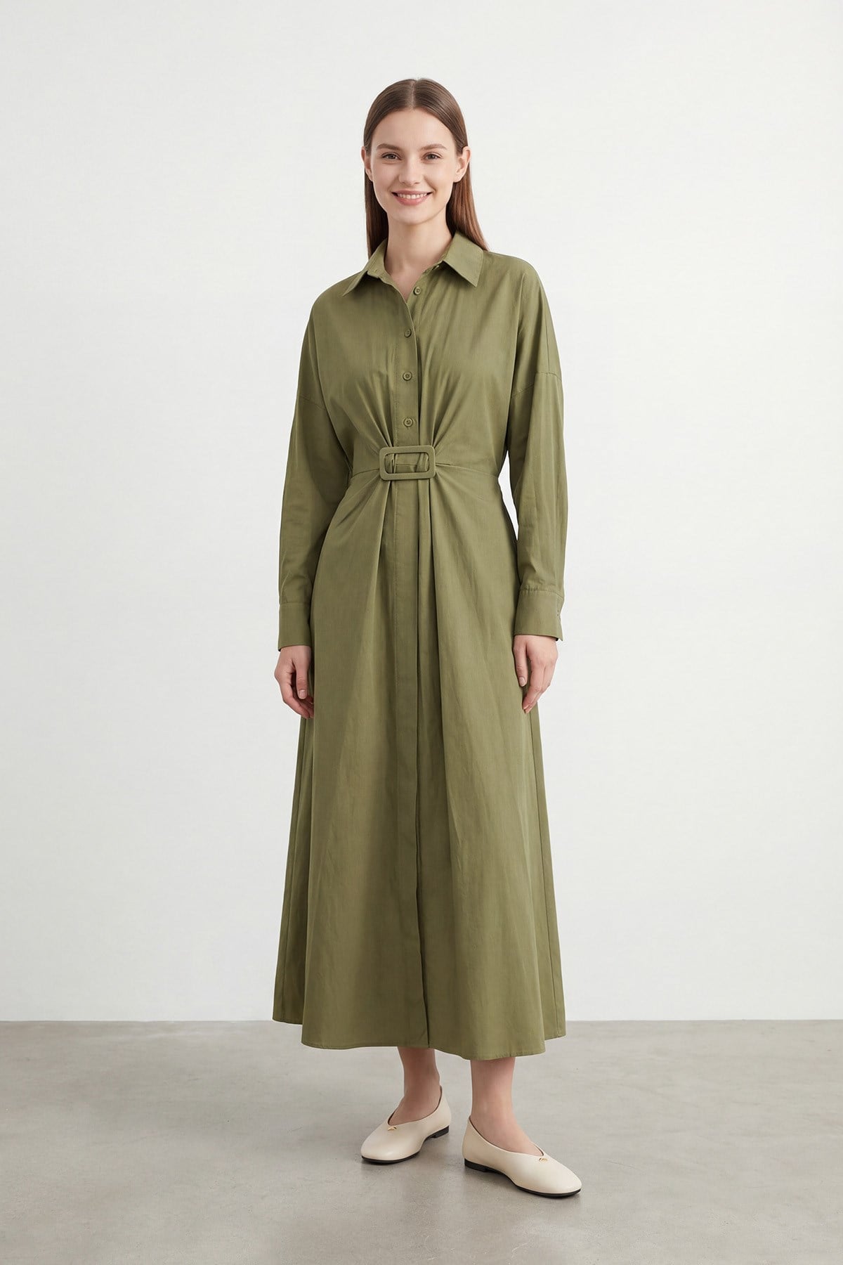 Kadın Gömlek Yaka Kuşaklı Uzun Elbise – 20745ELB - KHAKI