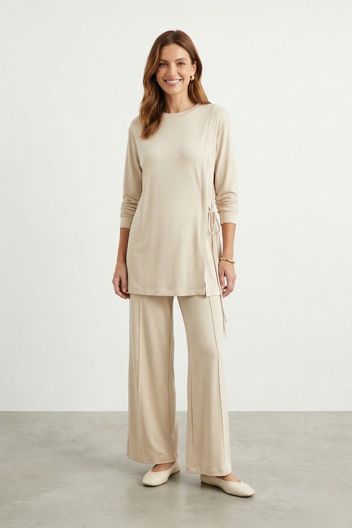 Kadın Yan Bağlama Detaylı Bisiklet Yaka Tunik Pantolon Takım – 14479TKS - BEIGE