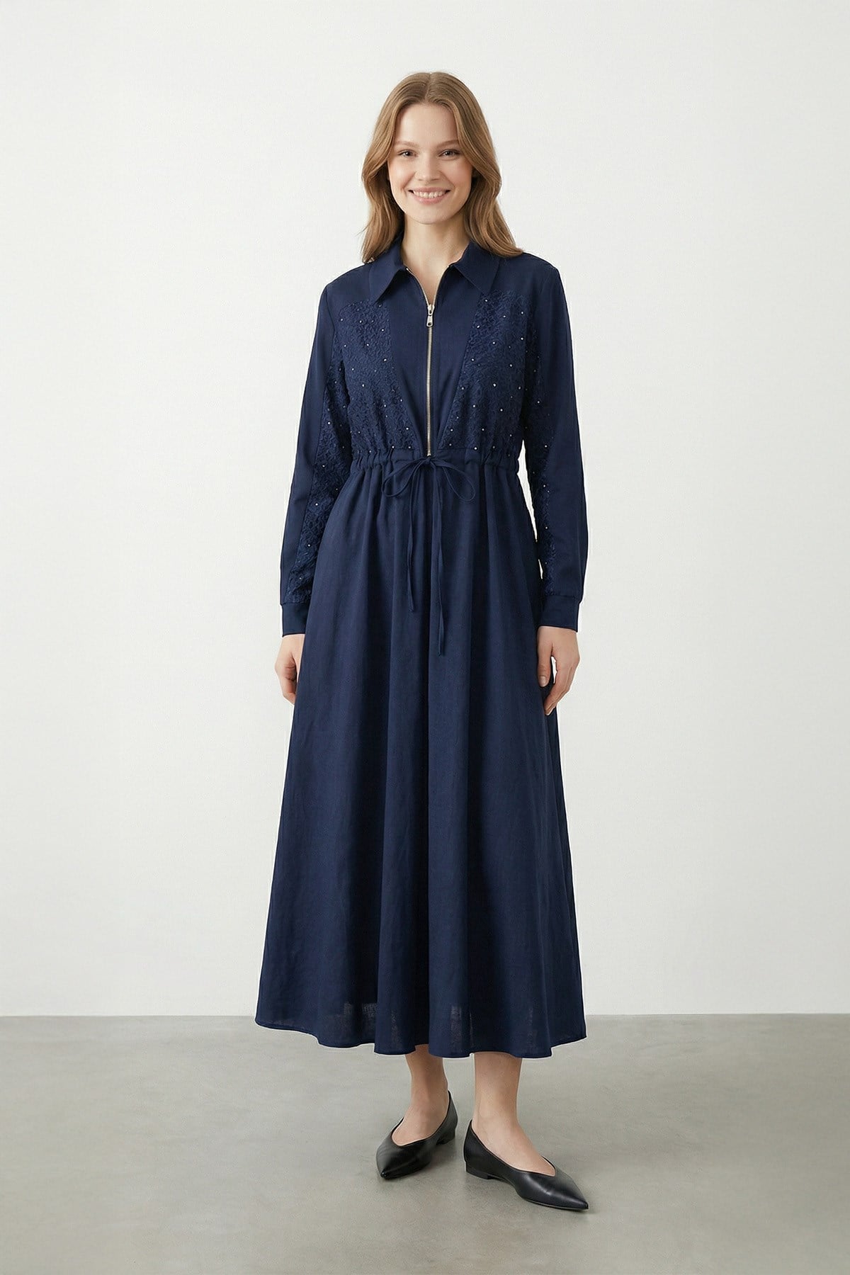 Kadın Fermuarlı ve Taş İşlemeli Uzun Elbise - 12674ELB - NAVY