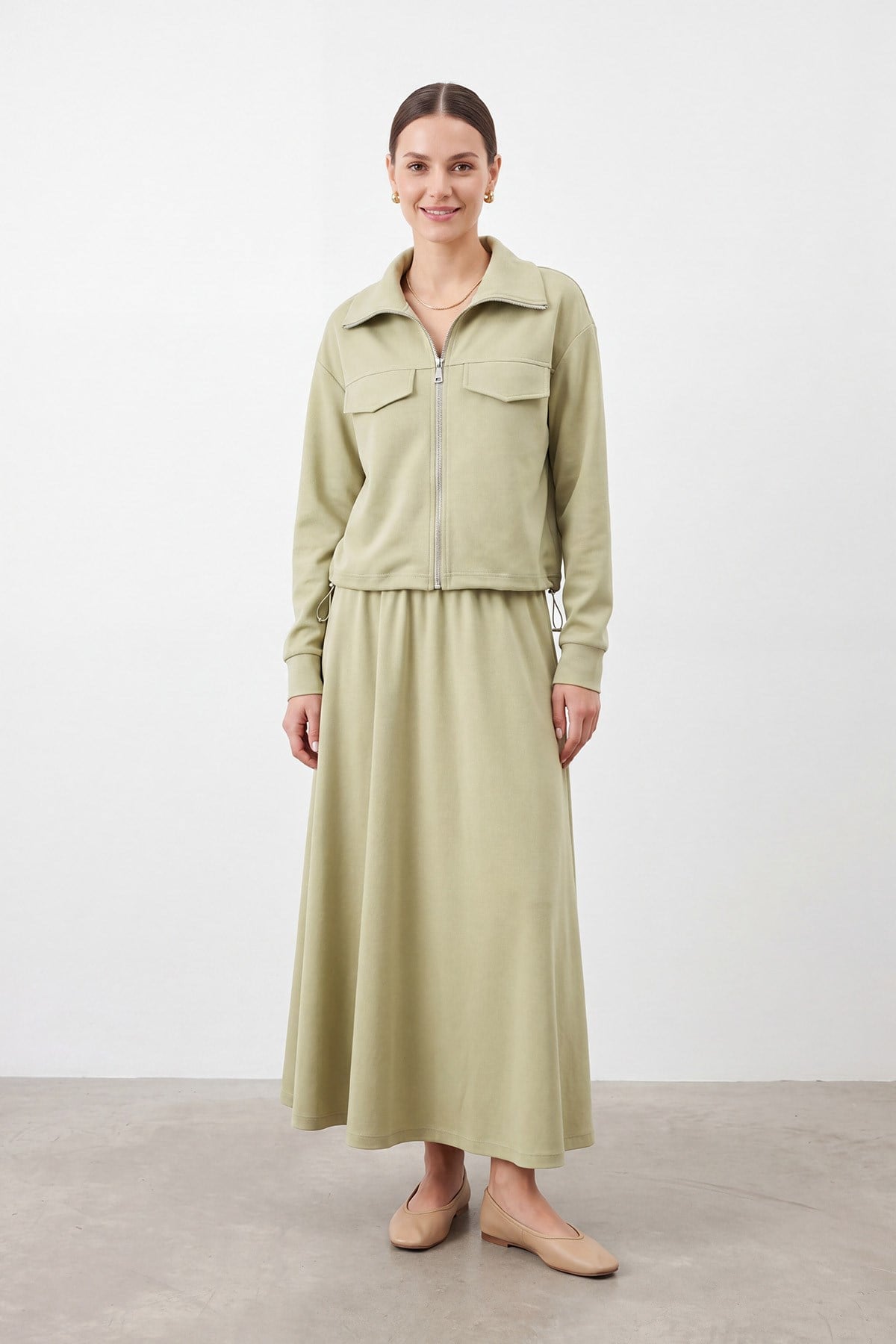 Kadın Gömlek Yaka Beli Lastikli Uzun Etekli Takım – 14440TKS - MINT