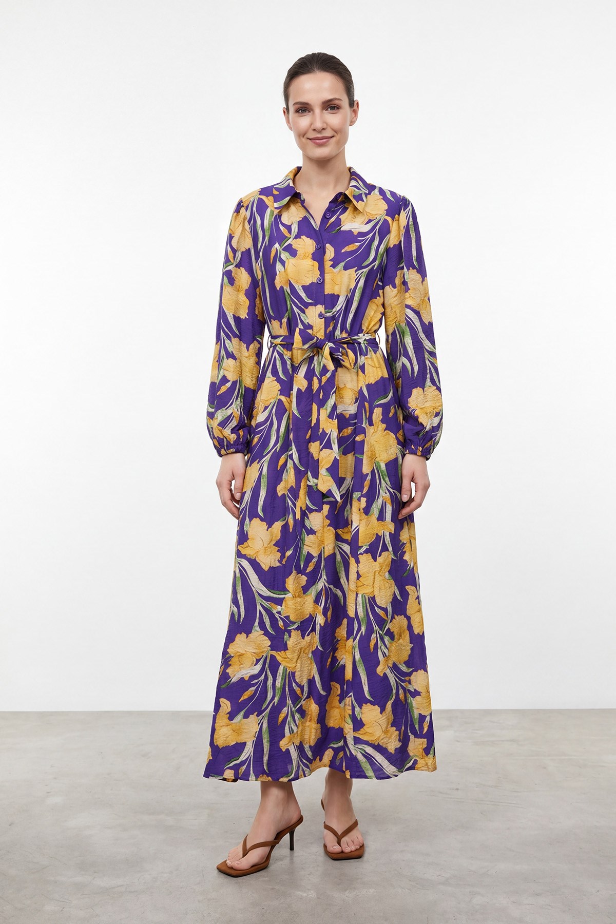 Kadın Floral Desenli Kuşaklı Uzun  Elbise - 32511ELB - PURPLE-YELLOW