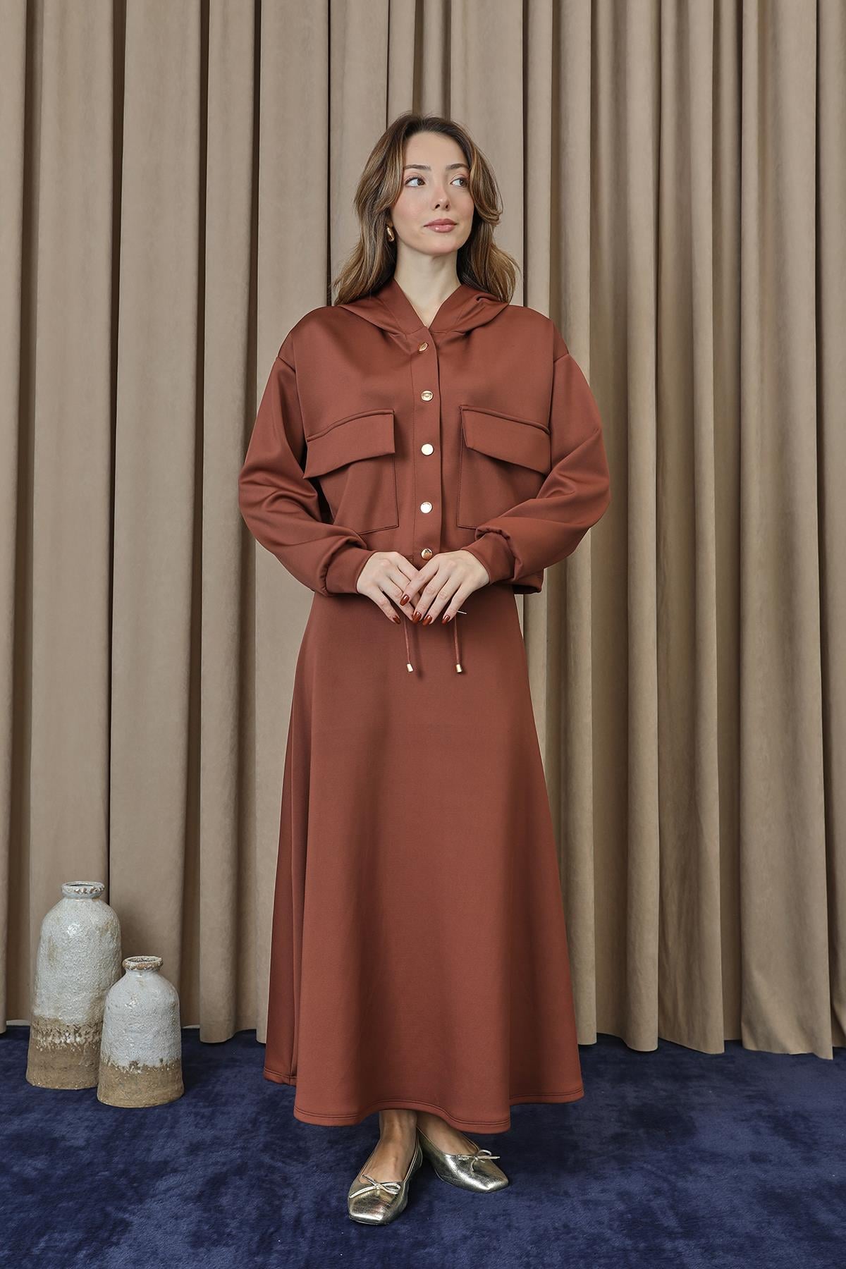 Kadın Çıtçıt Detaylı Etekli Takım - 14377TKS - BROWN