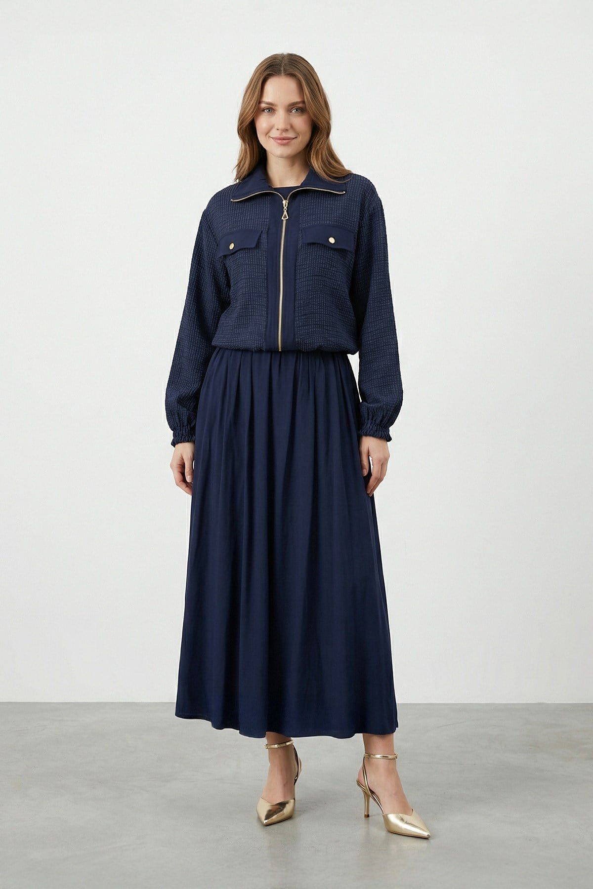 Kadın Fermuarlı Ceket Detaylı Dokulu Elbise – 12677ELB - NAVY