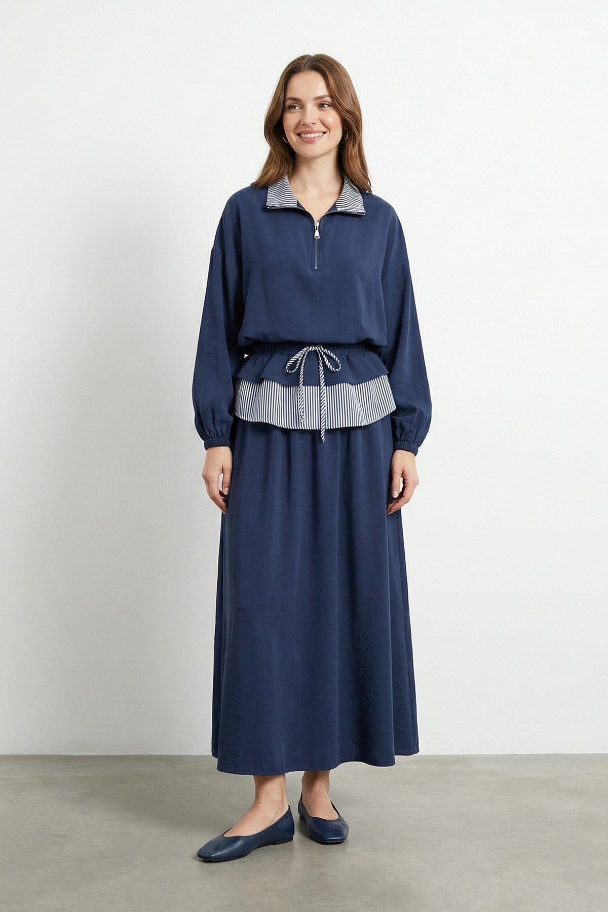 Kadın Çizgili Garni Detaylı Yarım Fermuarlı Takım – 32482TKS - NAVY