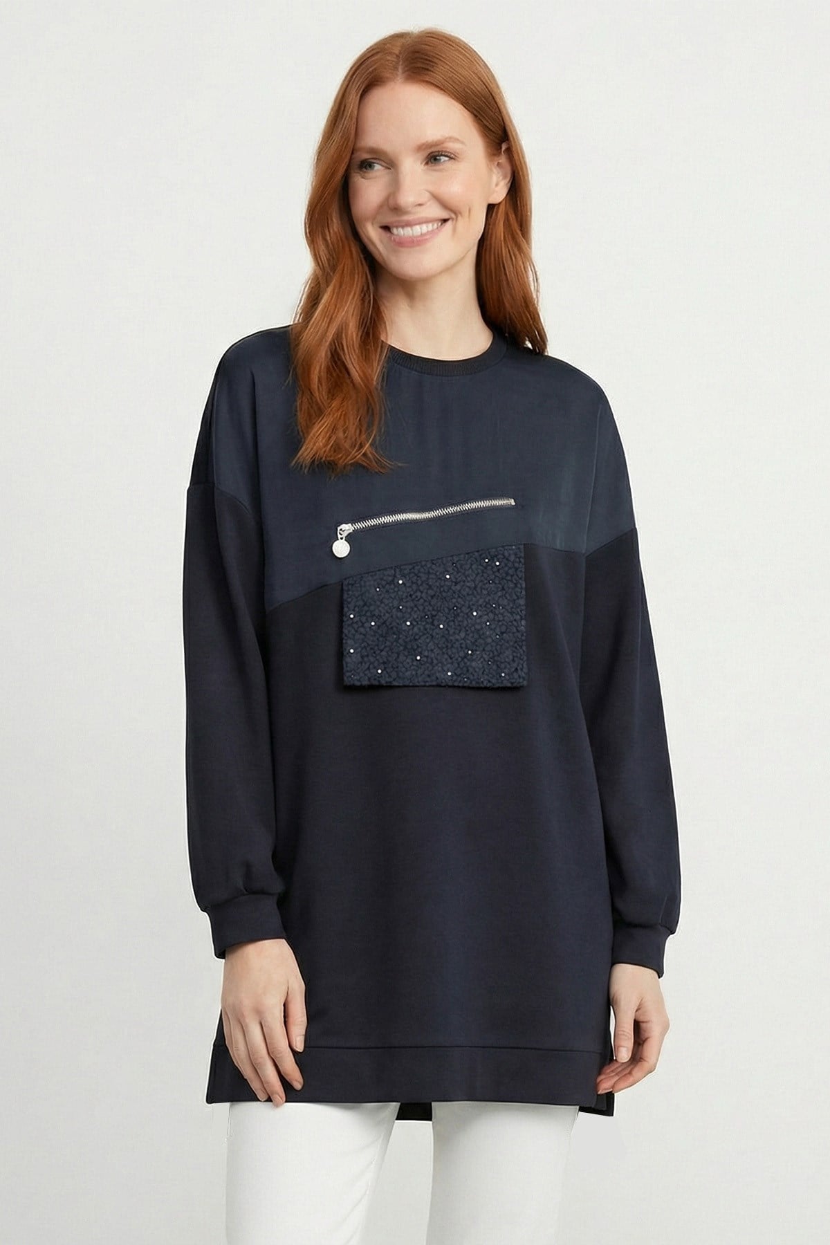 Kadın Bisiklet Yaka Önü Fermuar ve Taş Detaylı Uzun Tunik - 10768TUN - NAVY