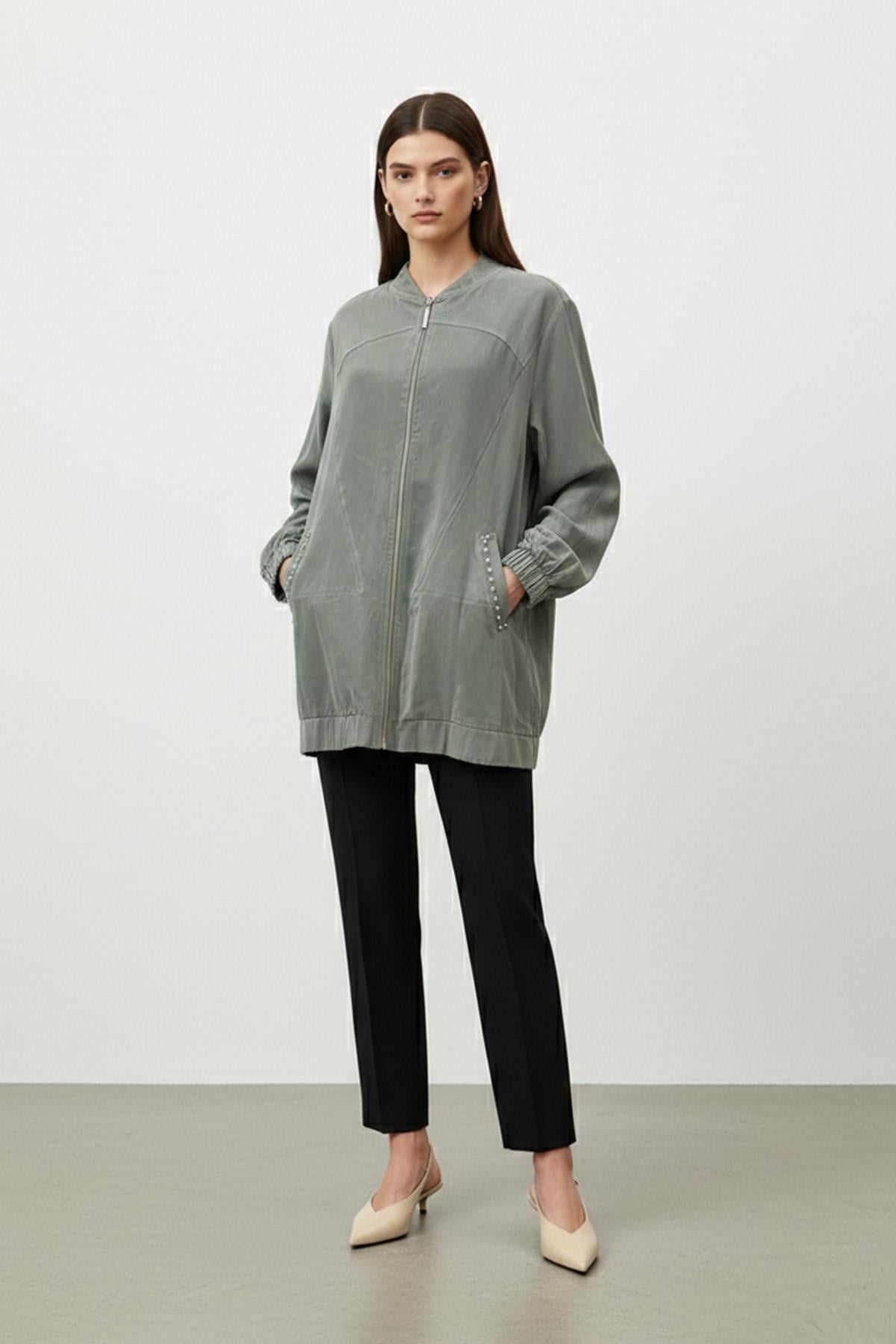 Kadın Cep Detaylı Fermuarlı Süet Ceket - 15258CKT - KHAKI