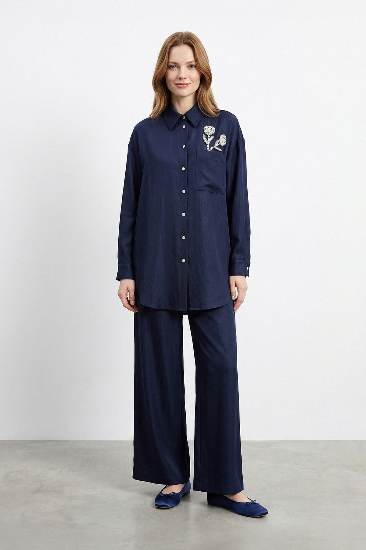 Kadın Yaka Taş İşleme Detaylı Denim Takım-14435TKS - NAVY