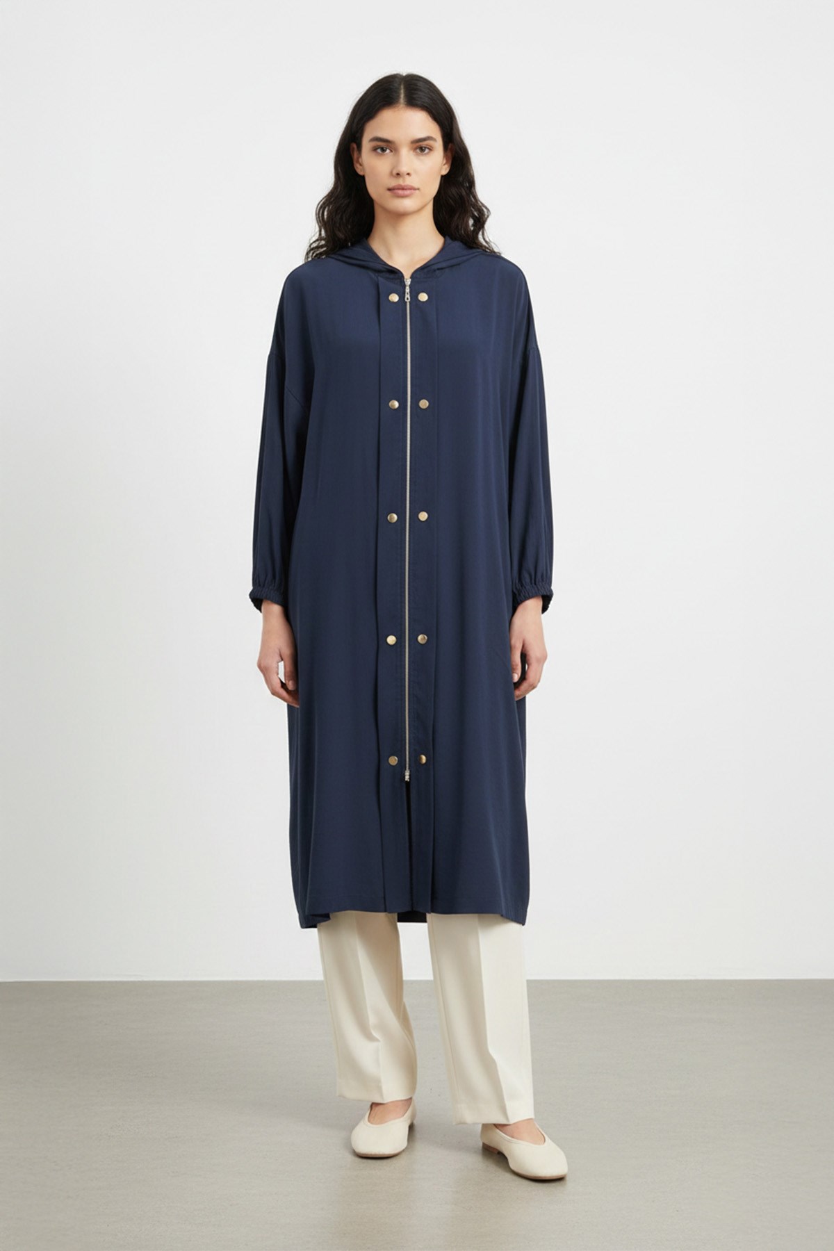 Kapüşonlu Fermuarlı uzun Kadın Kap-15251 - NAVY