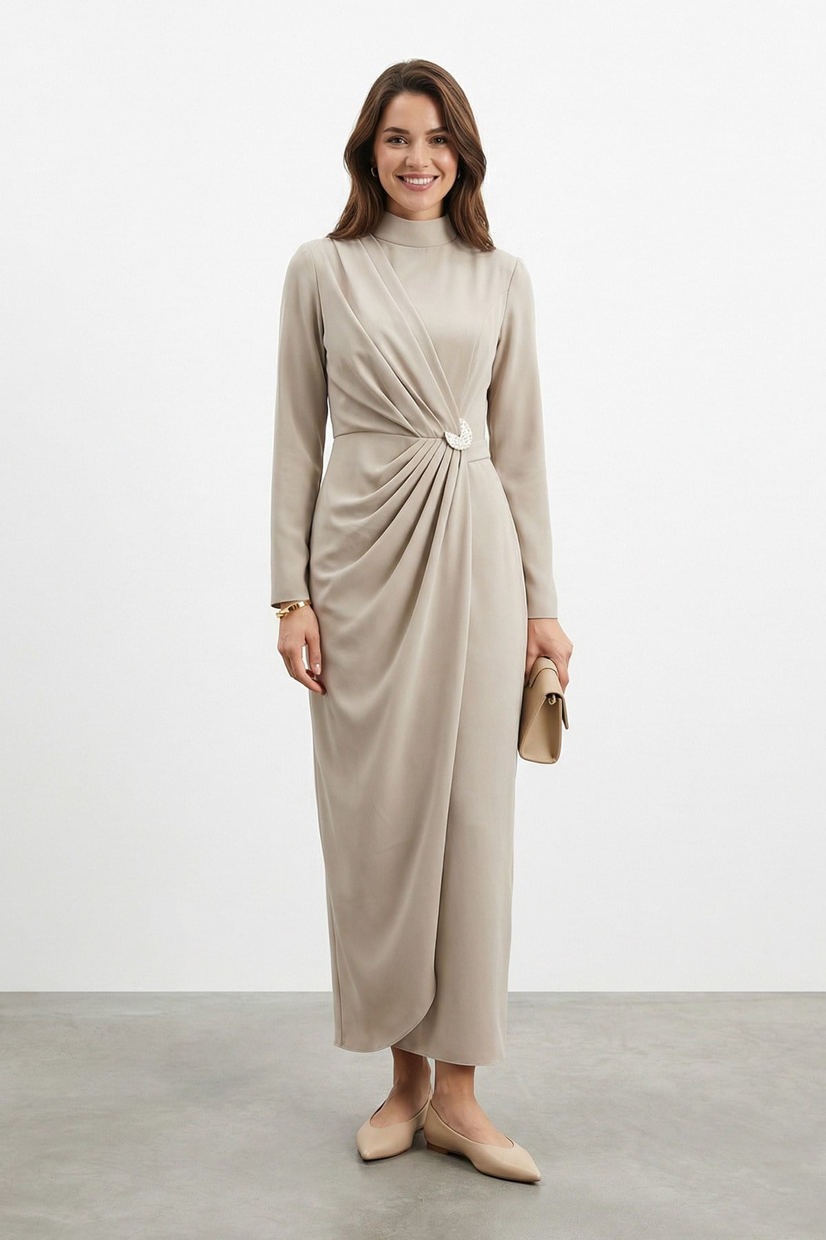 Kadın Kruvaze Görünümlü Toka Detaylı Uzun Elbise -12678ELB - STONE