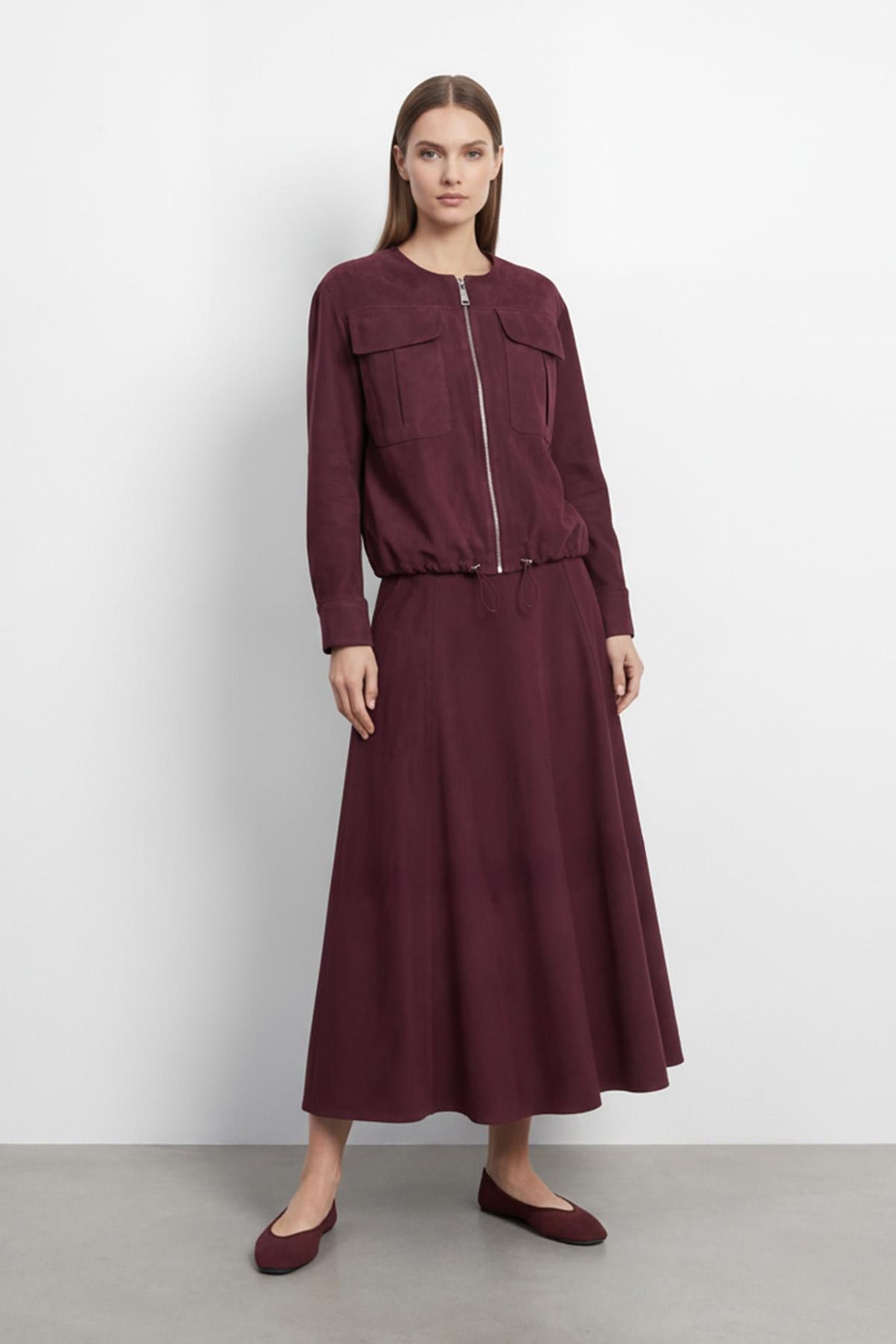 Fermuarlı Cep Detaylı Ceket ve Uzun Etek Kadın Takım-14430 - BURGUNDY
