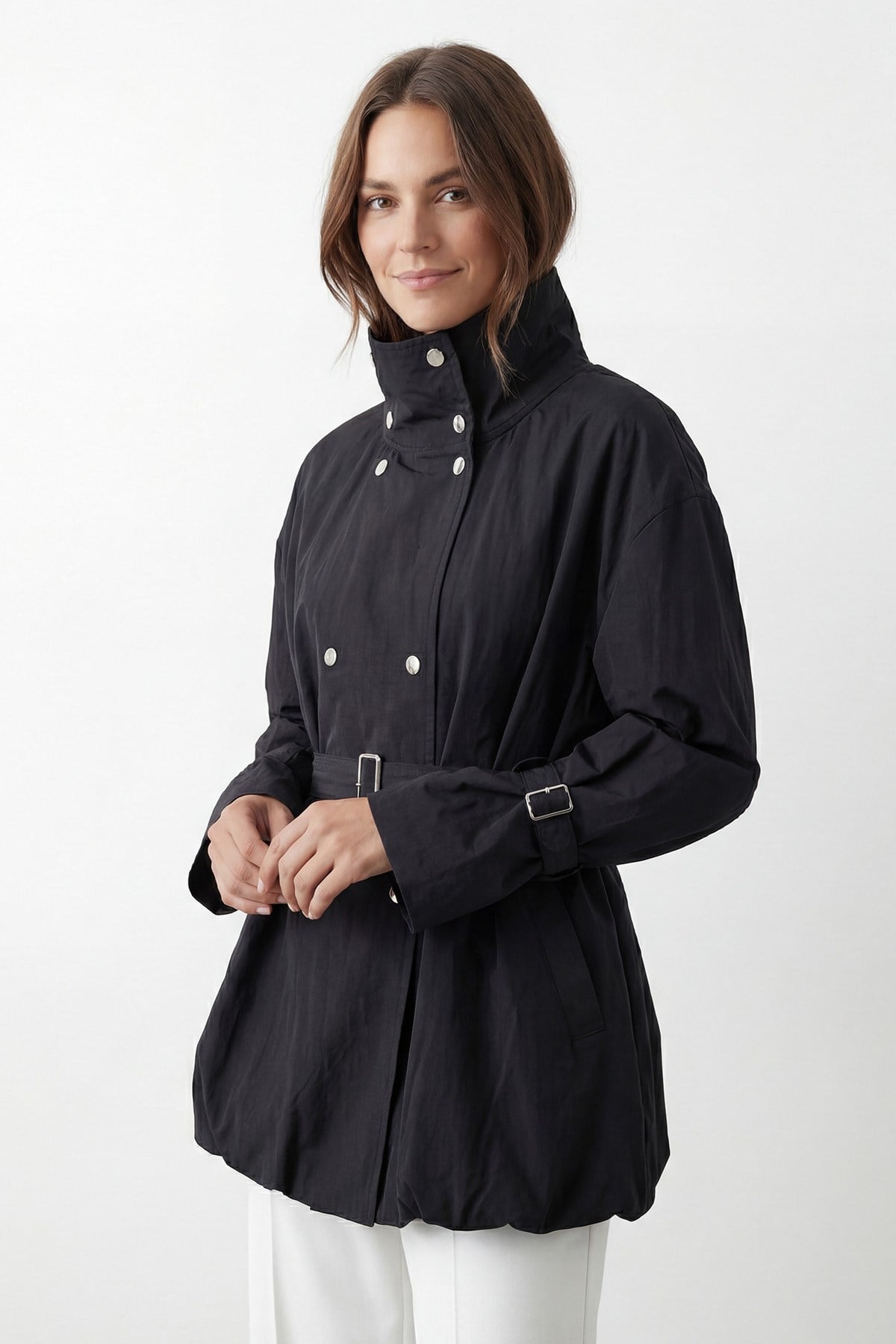 Kadın Dik Yaka Belden Büzgülü Tasarım Ceket – 32469CKT - BLACK