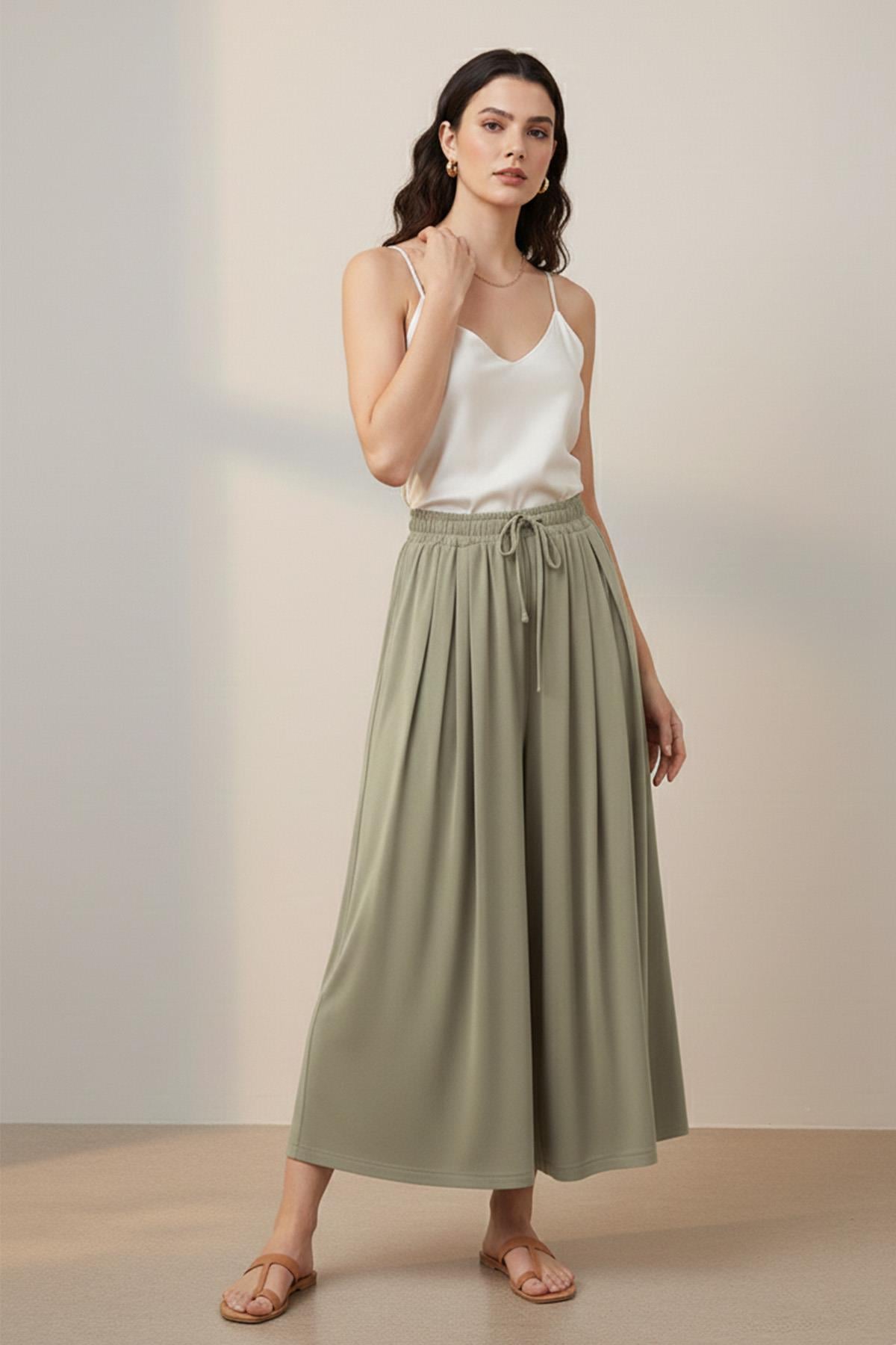 Kadın Beli Kuşaklı Etek Görünümlü Pantolon - 20664PNT - ALMOND GREEN