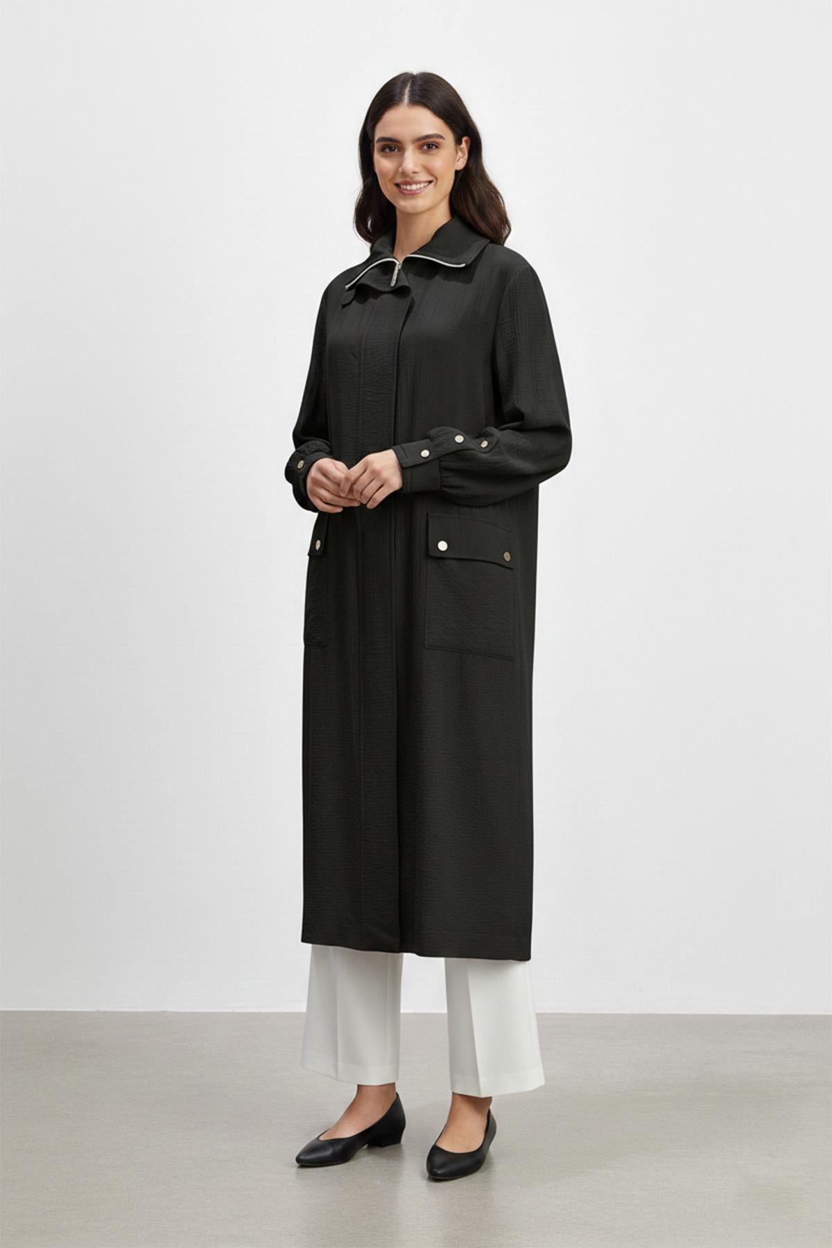 Biyeli Yaka Cepli Uzun Kap-15256 - BLACK