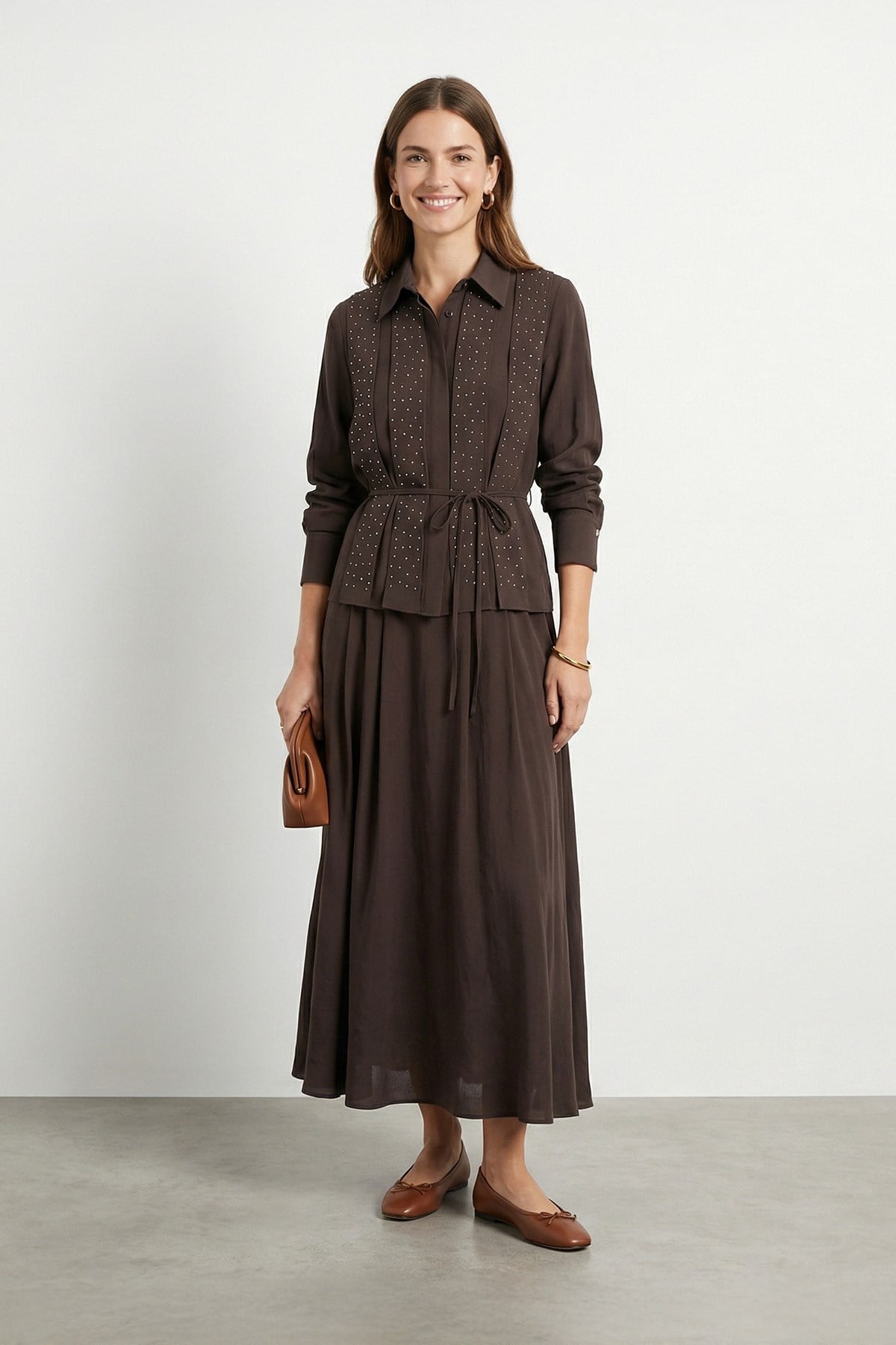 Kadın Gömlek Yaka Önden Düğmeli ve Bağcık Detaylı Takım - 20744TKS - BROWN