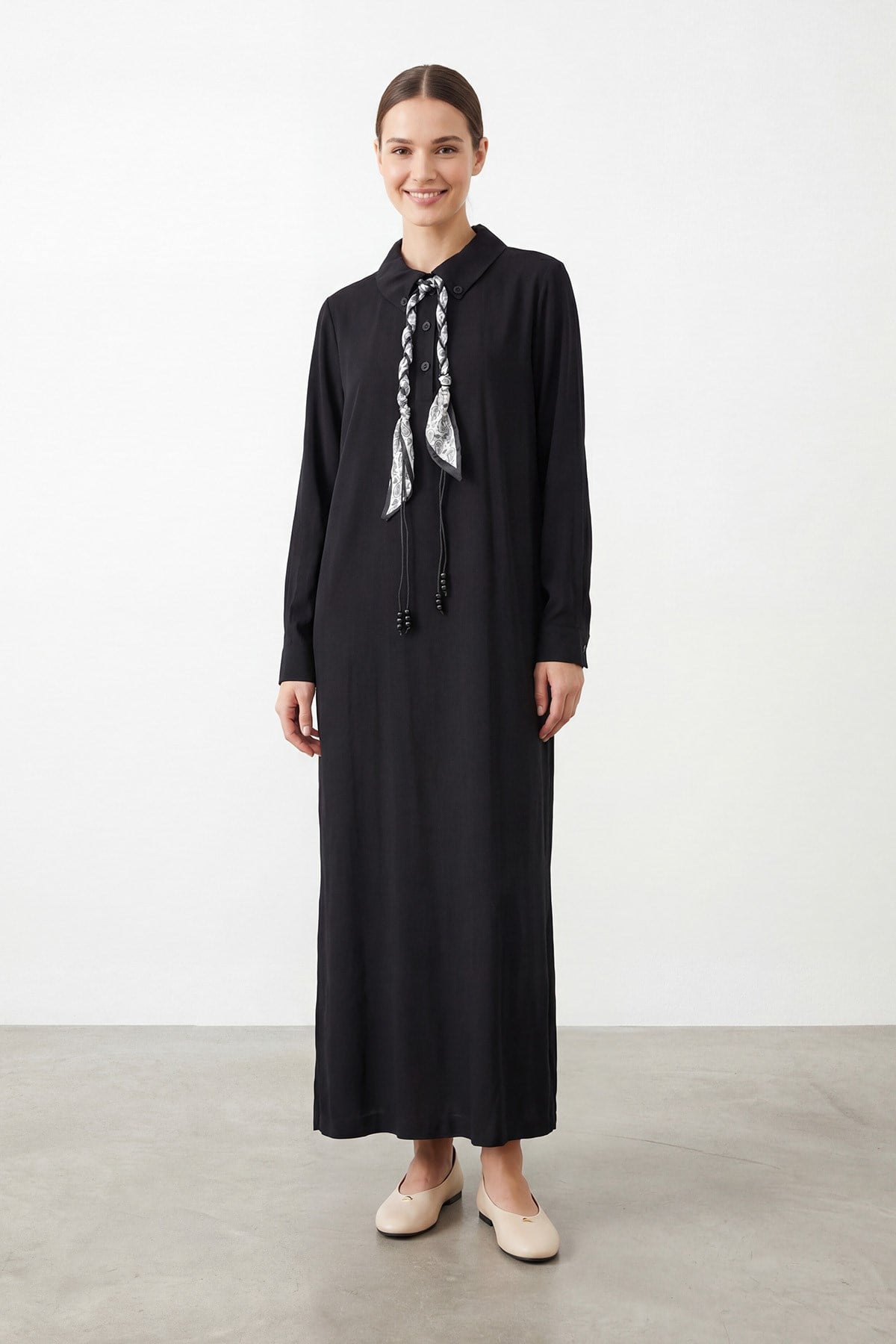 Kadın Fular Detaylı Uzun Elbise – 12692ELB - BLACK