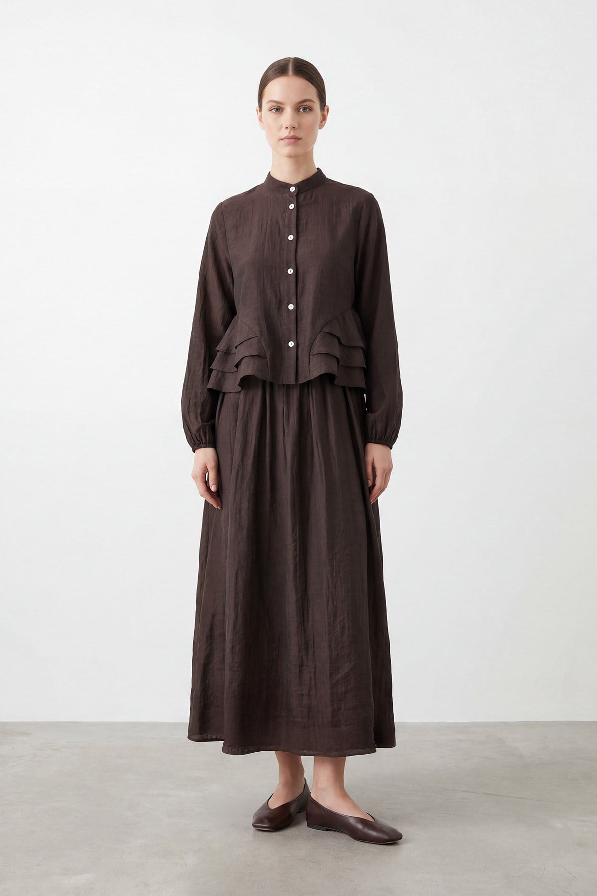 Kadın Hakim Yaka Fırfır Detaylı Tencel Tunik Etek Takım – 32502TKS - BROWN