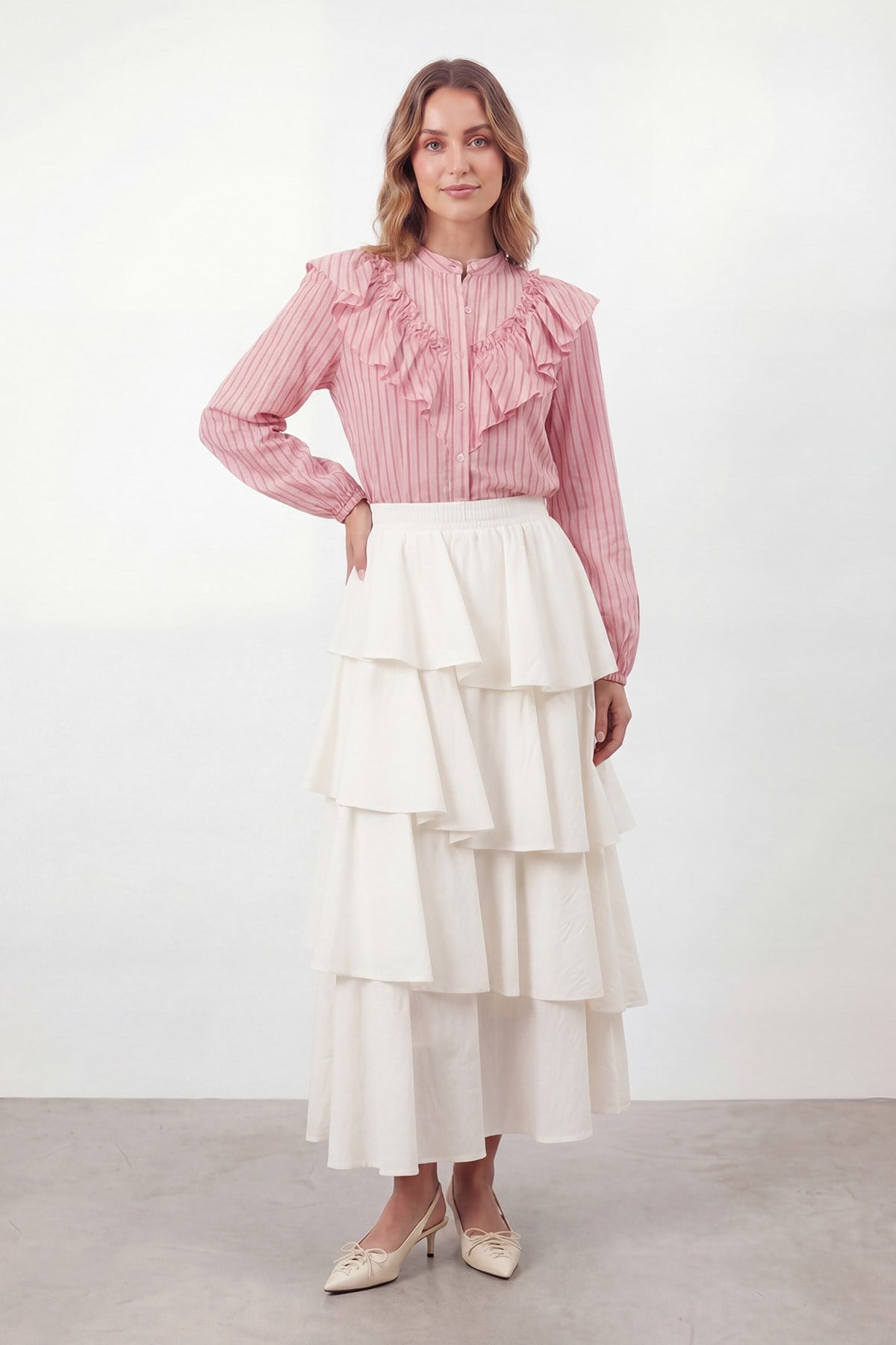 Kadın Kat Kat Volanlı Uzun Etek – 20768ETK - ECRU