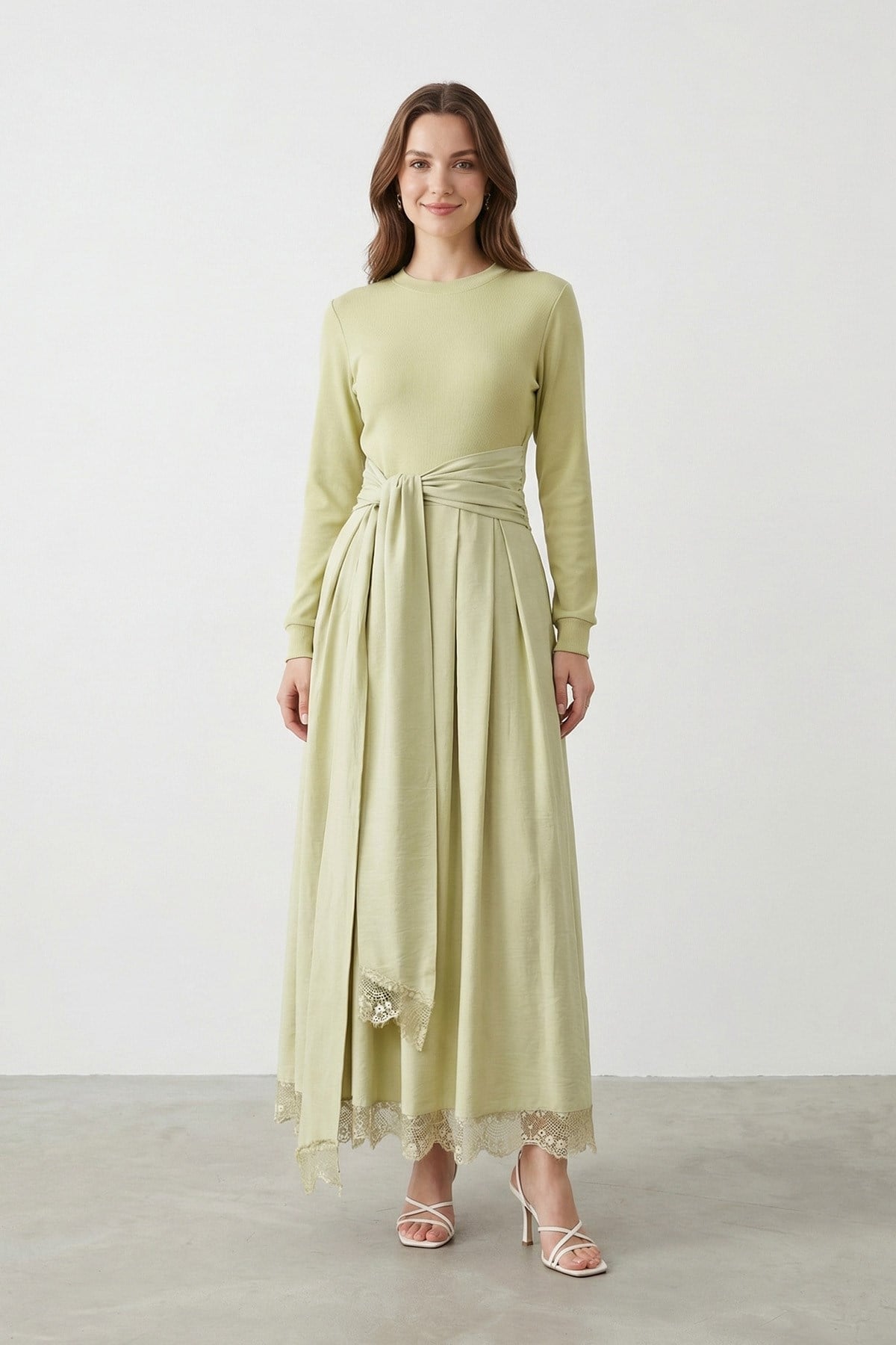 Kadın Dantel Detaylı Belden Bağlamalı Regular Elbise – 12681ELB - OLIVE