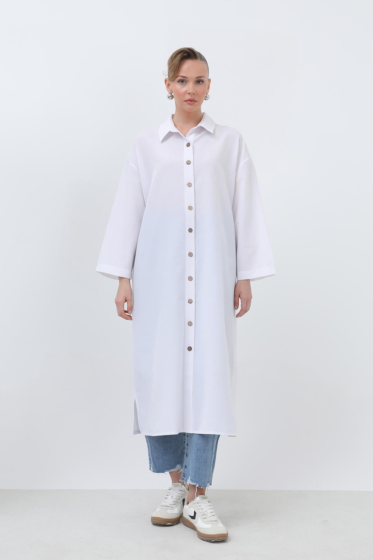 Kadın z-Uzun Gömlek Elbise - 20656ELB - ECRU