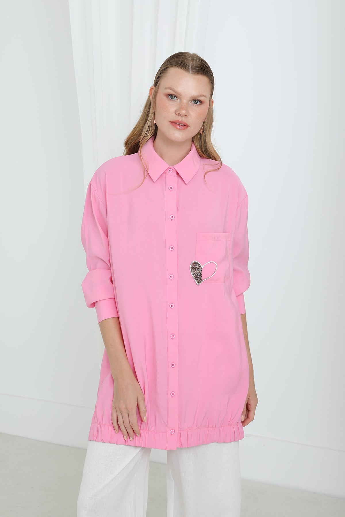 Kadın Cep kısmı Kalpli Nakış Detaylı Tunik - 10633TUN - PINK