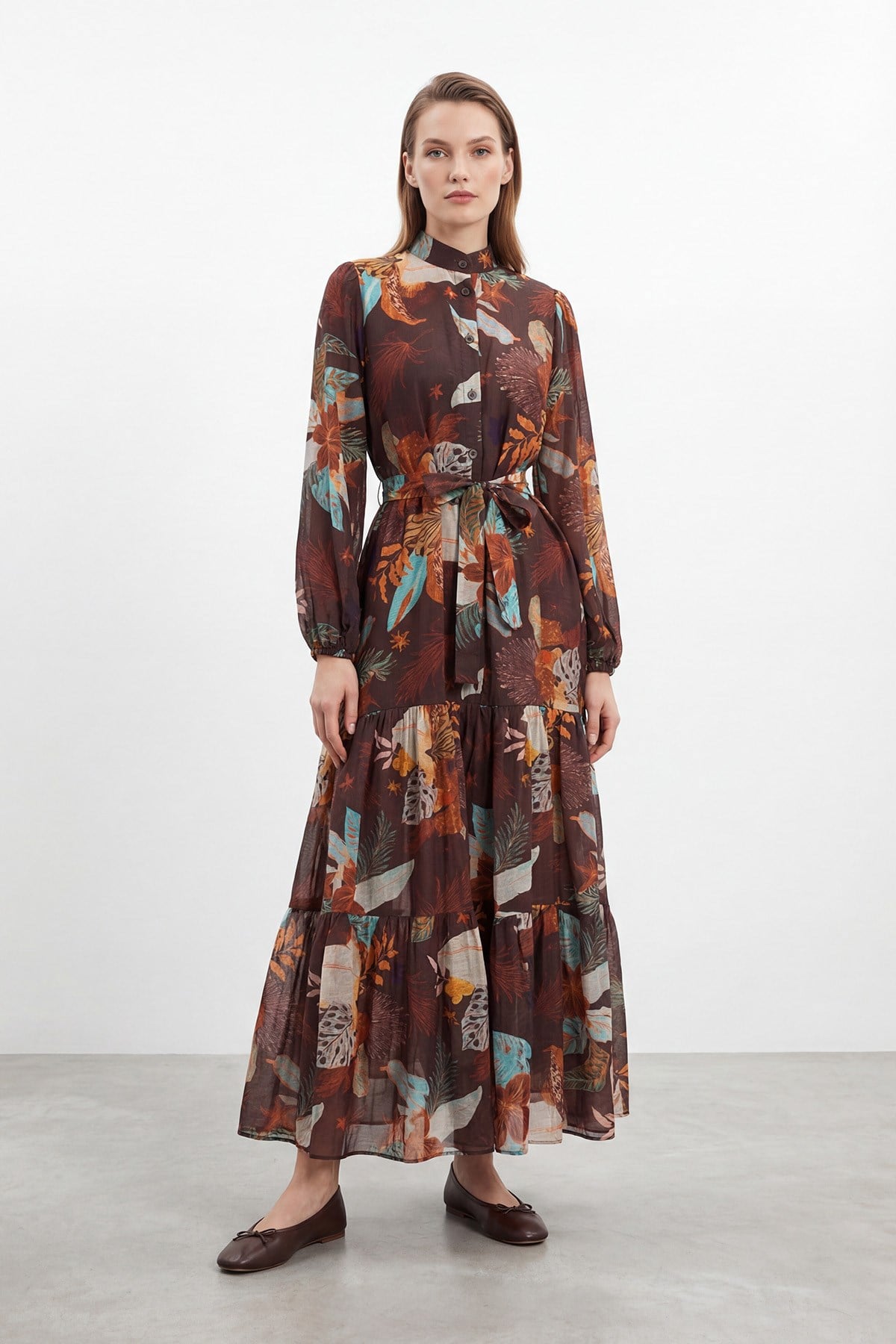 Kadın Desenli Uzun Elbise – 12684ELB - BROWN