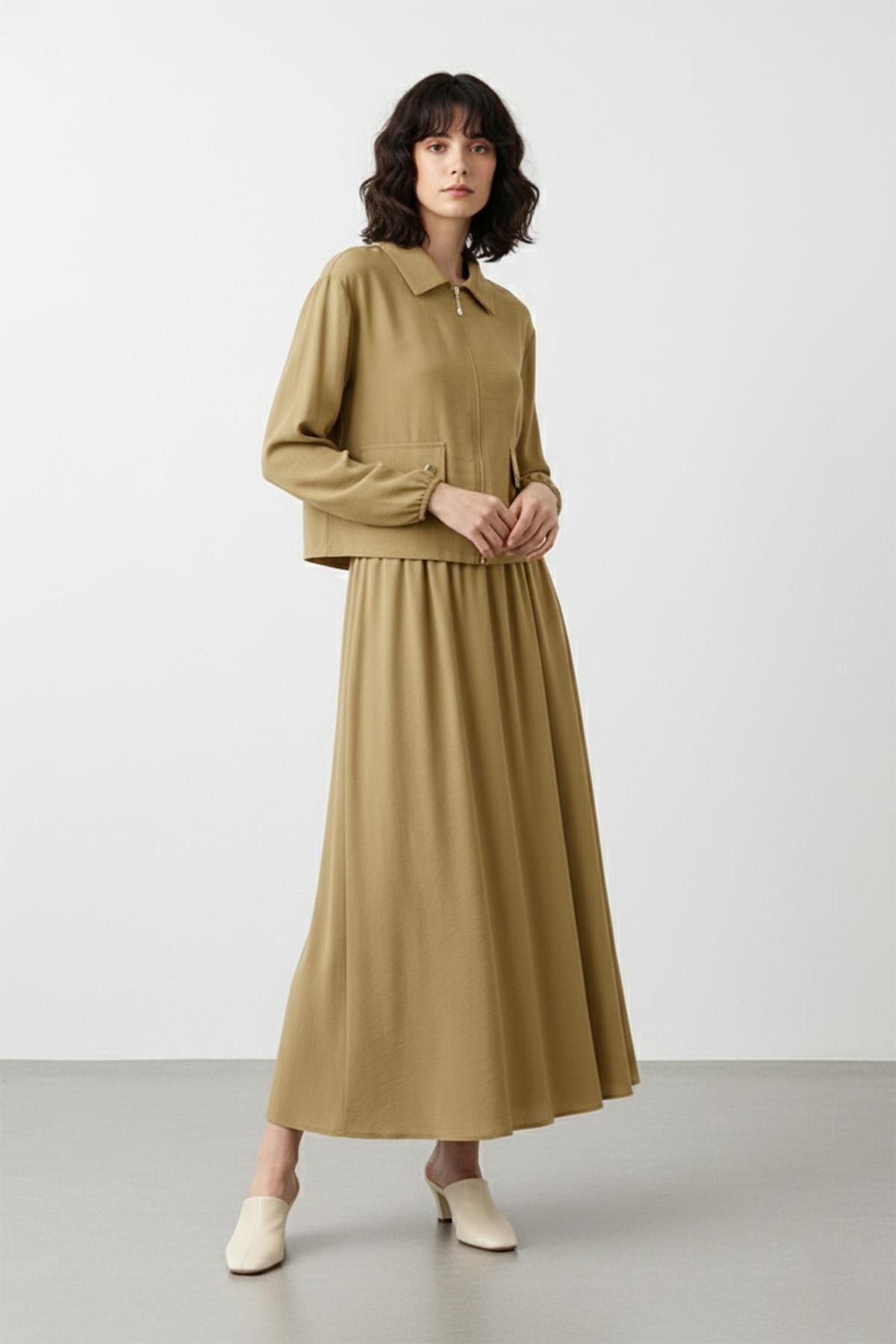 Fermuarlı Ceket ve Lastik Bel Etek Takımı – 14436 - OLIVE