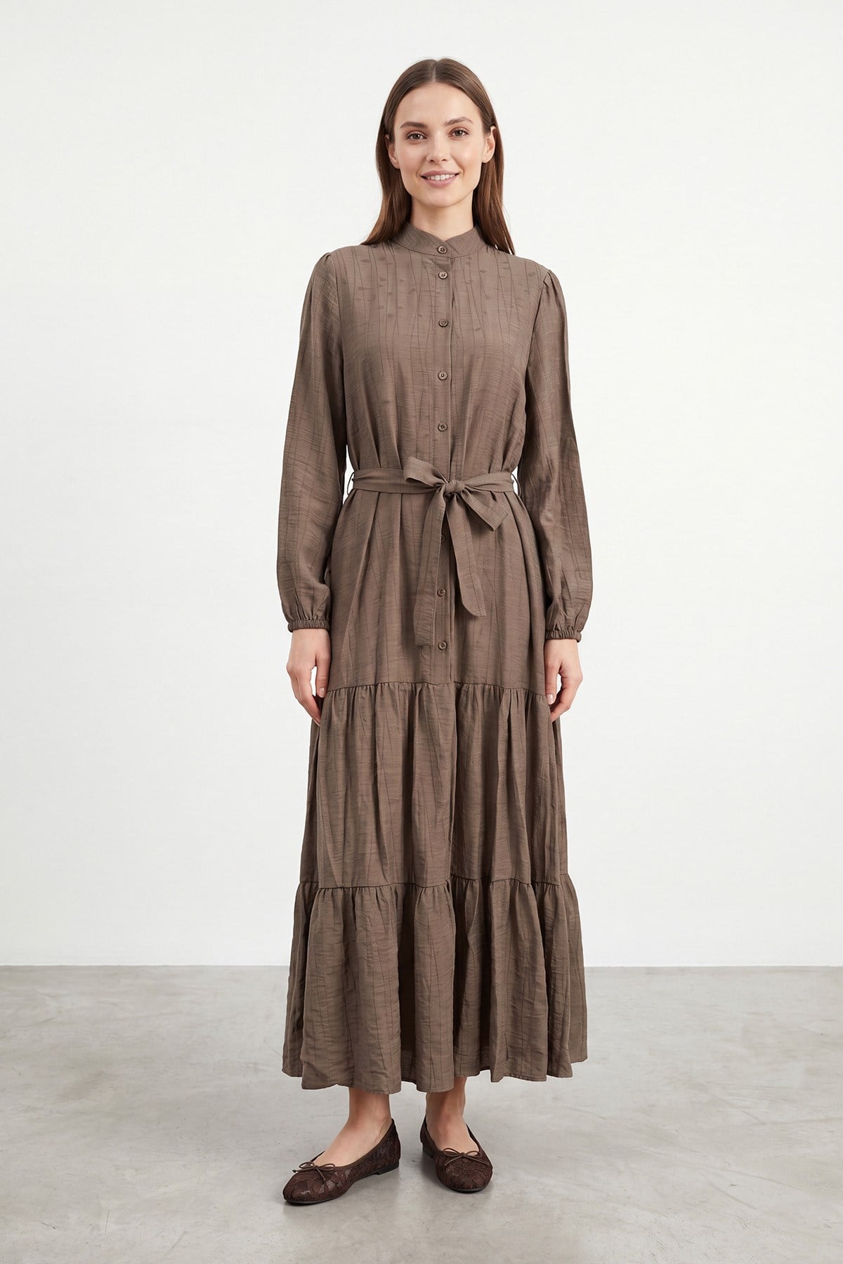 Kadın Kuşaklı Hakim Yaka Maxi Elbise - 12706ELB - KHAKI