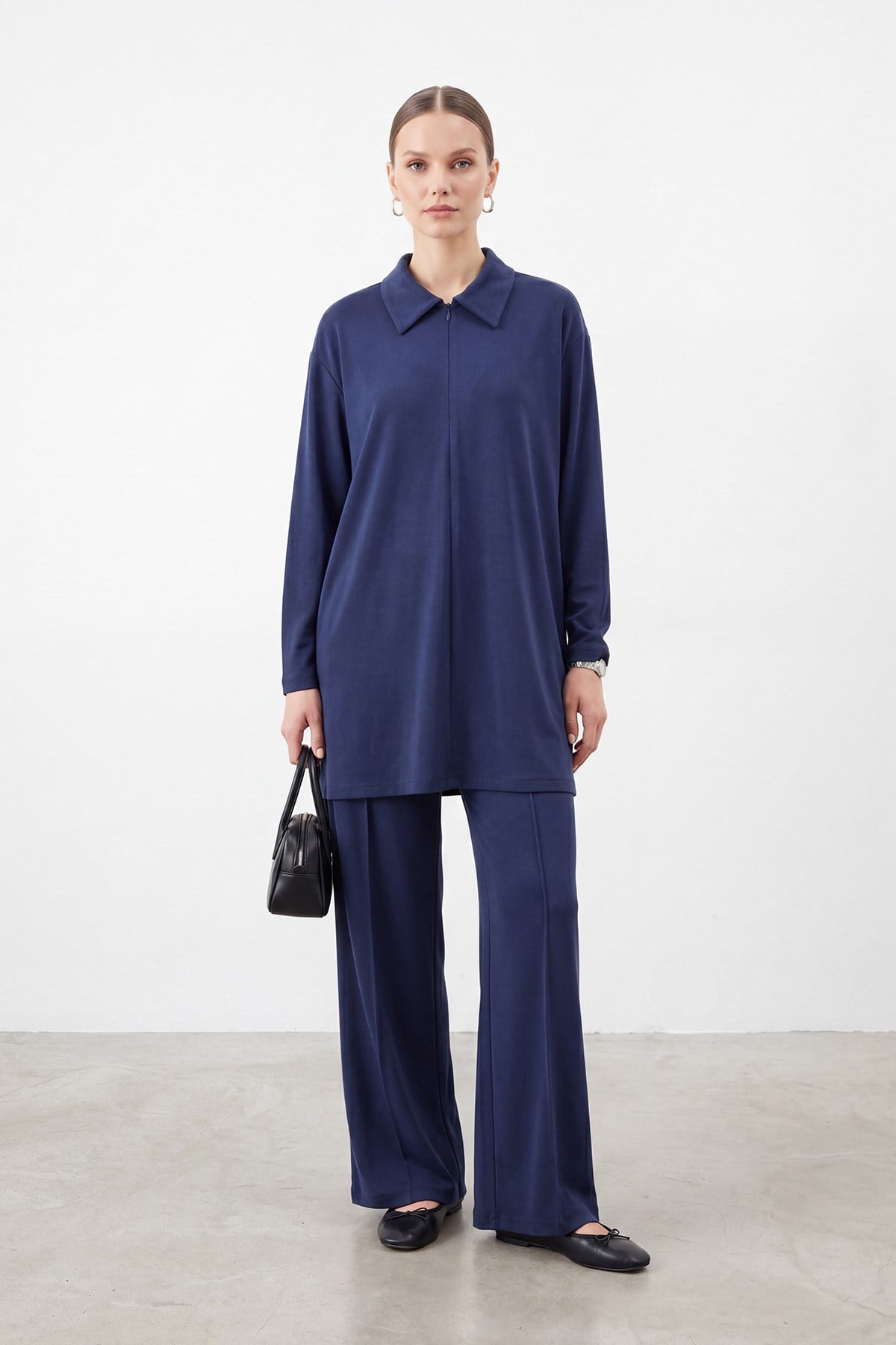 Kadın Gömlek Yaka Fermuarlı Rahat Kesim Tunik Pantolon Takım – 14445TKS - NAVY