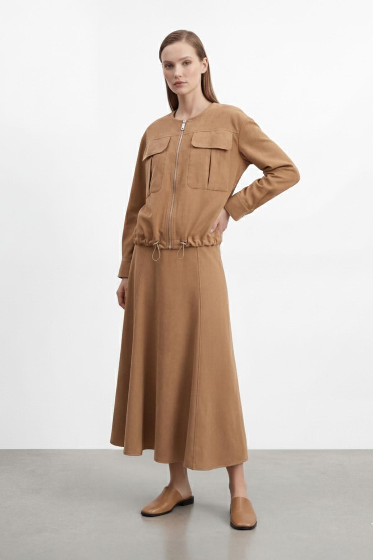 Fermuarlı Cep Detaylı Ceket ve Uzun Etek Kadın Takım-14430 - CAMEL