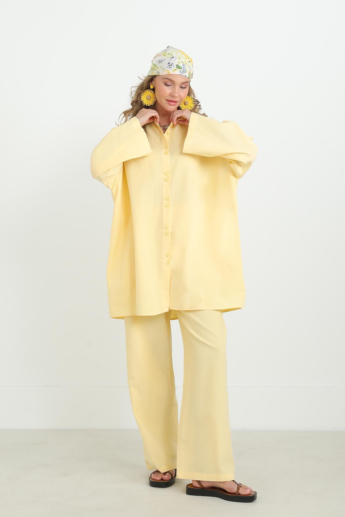Kadın Düğme Detaylı Oversize Gömlekli Takım-20694TKS - YELLOW