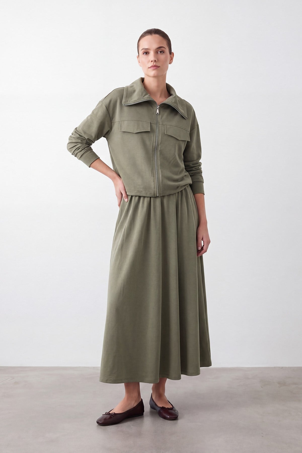 Kadın Gömlek Yaka Beli Lastikli Uzun Etekli Takım – 14440TKS - KHAKI