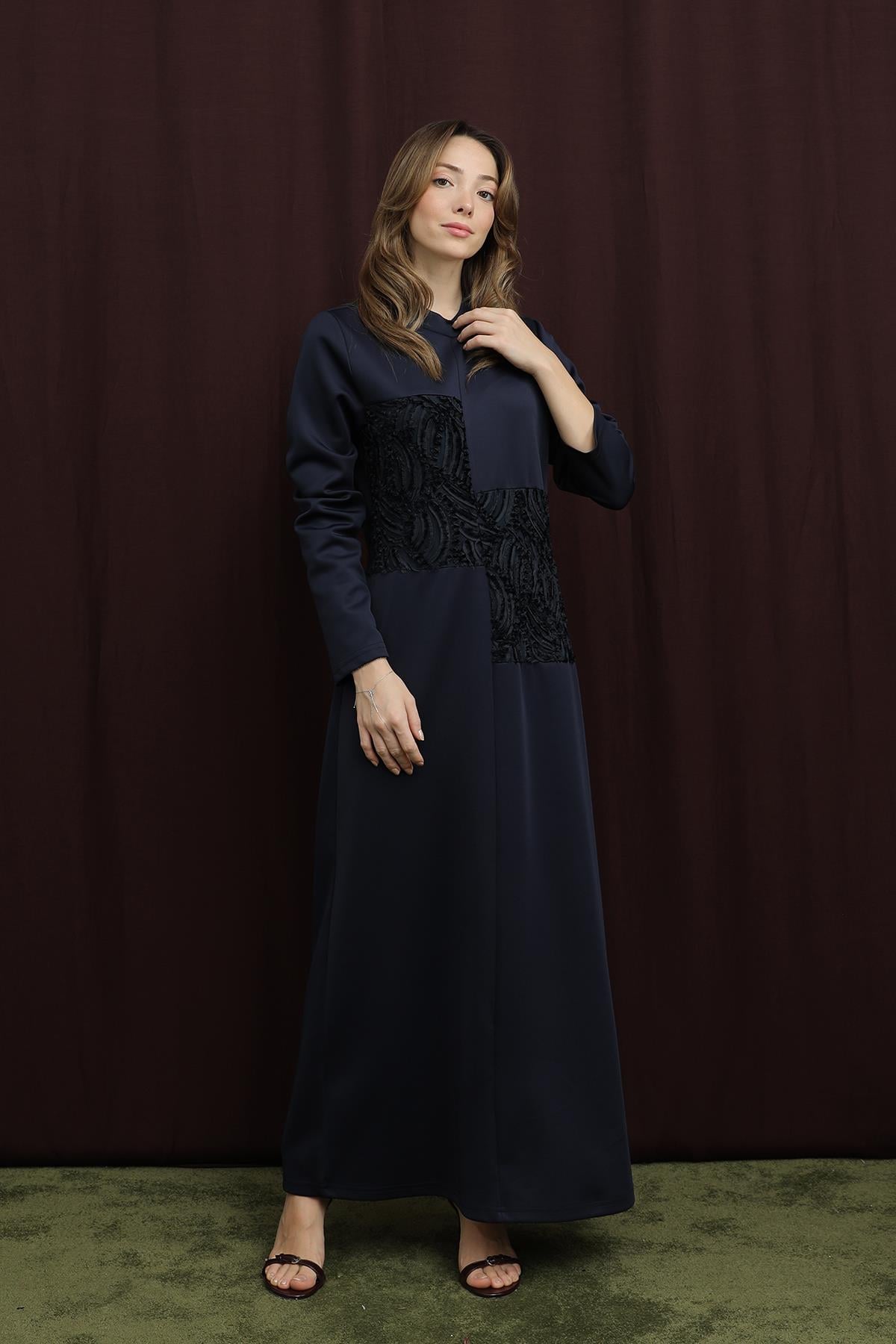 Kadın Dantel Detaylı Elbise - 12653ELB - NAVY