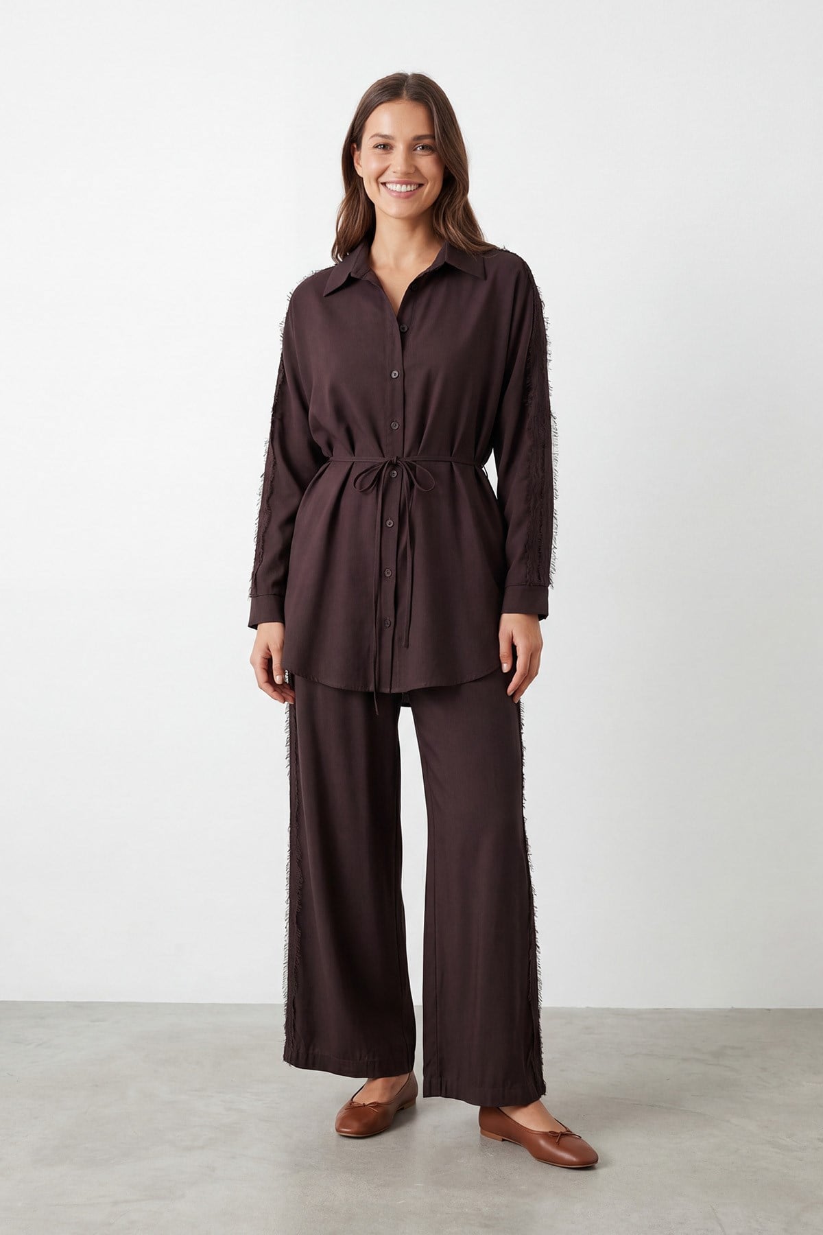Kadın Kuşaklı Gömlek Yaka Tunik Pantolon Takım – 14468TKS - BROWN