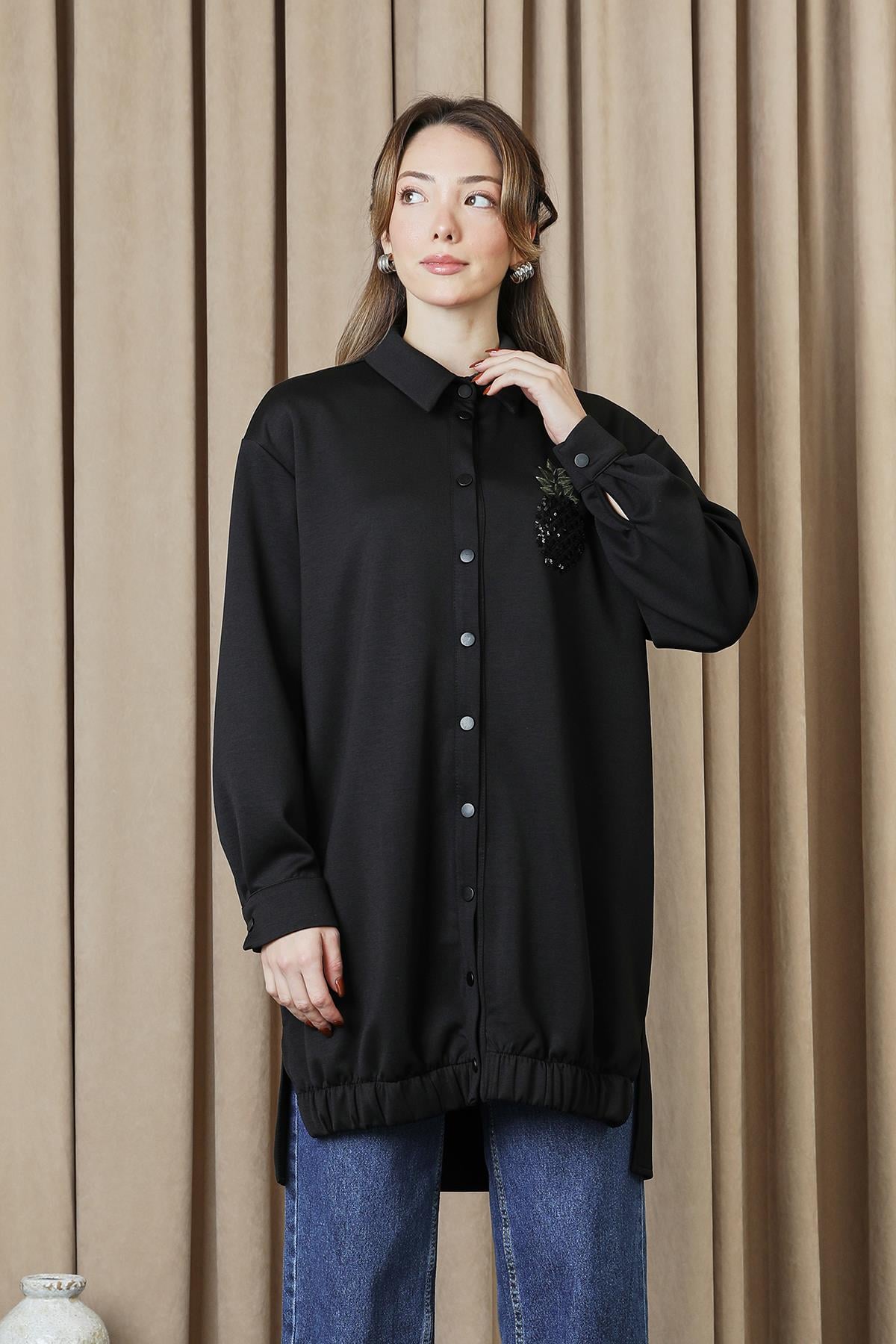 Kadın Ananas Nakışlı Çıtçıtlı Tunik - 10737TUN - BLACK