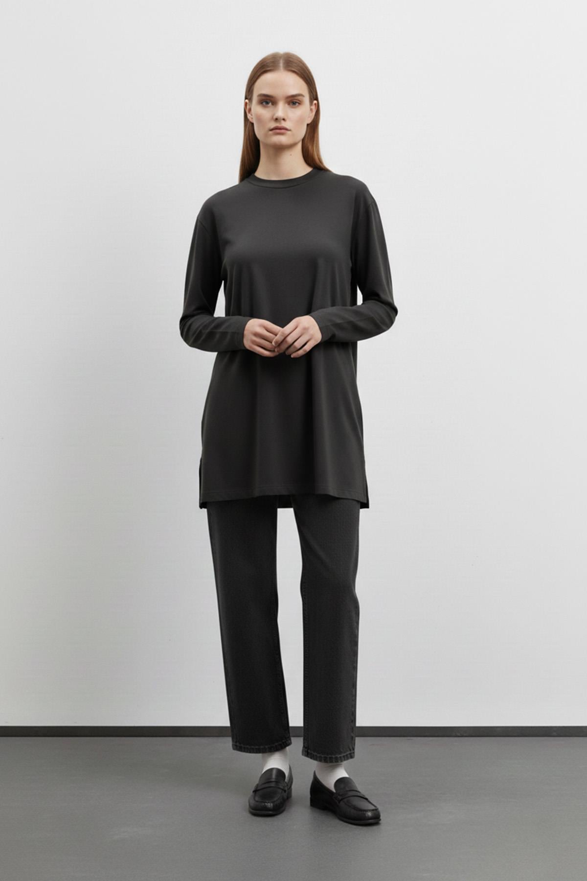 Kadın Basic Uzun Kollu Salaş Tunik-40017 - BLACK