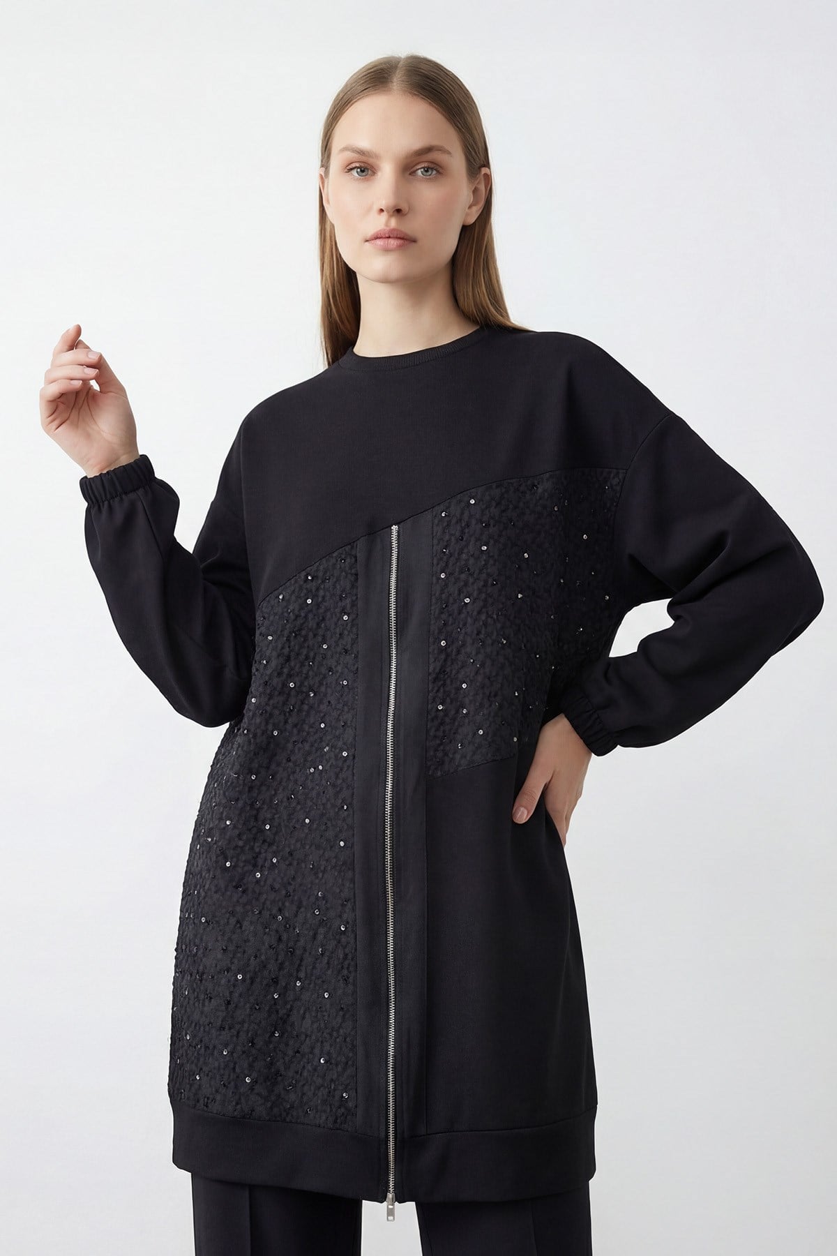 Kadın Asimetrik Kesim Fermuar Detaylı Rahat Tunik – 10769TUN - BLACK