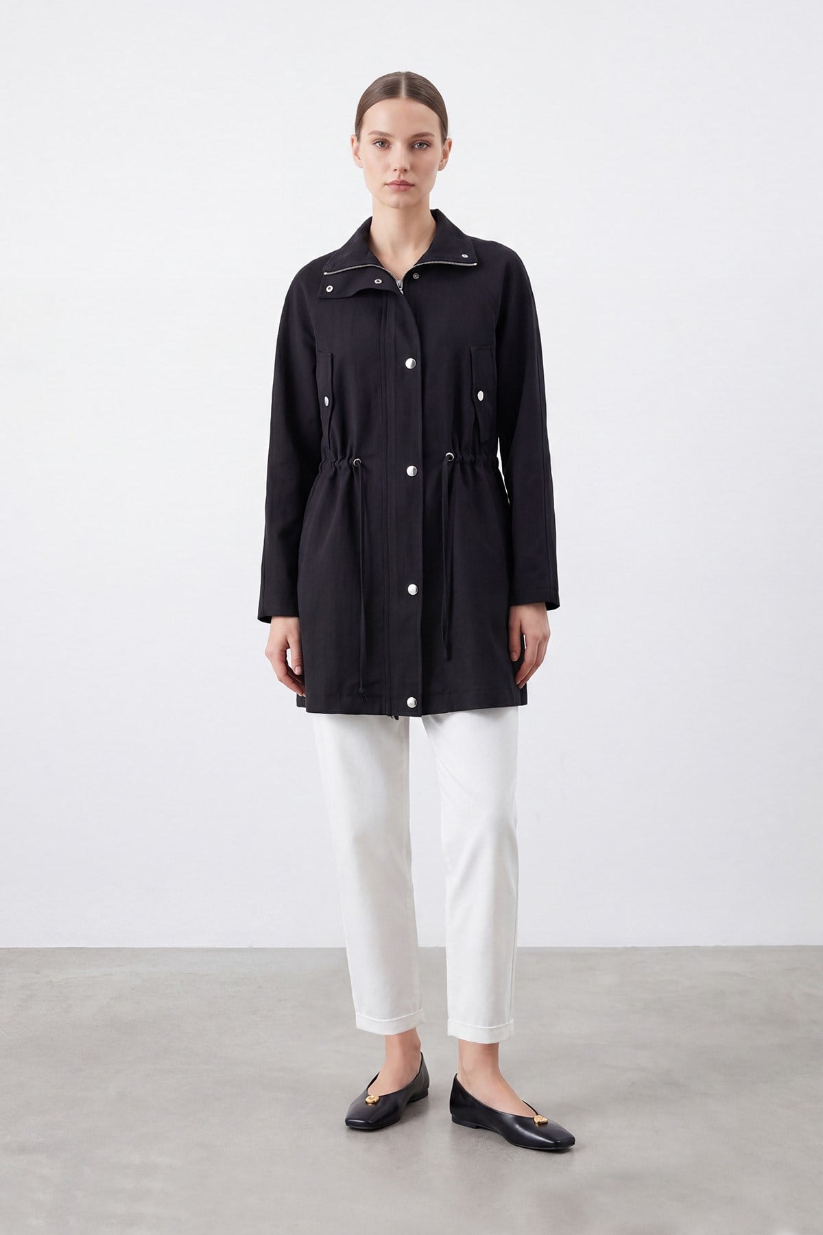 Kadın Beli Büzgülü Çıtçıtlı Hafif Trenç Ceket – 26S-15263CKT - BLACK