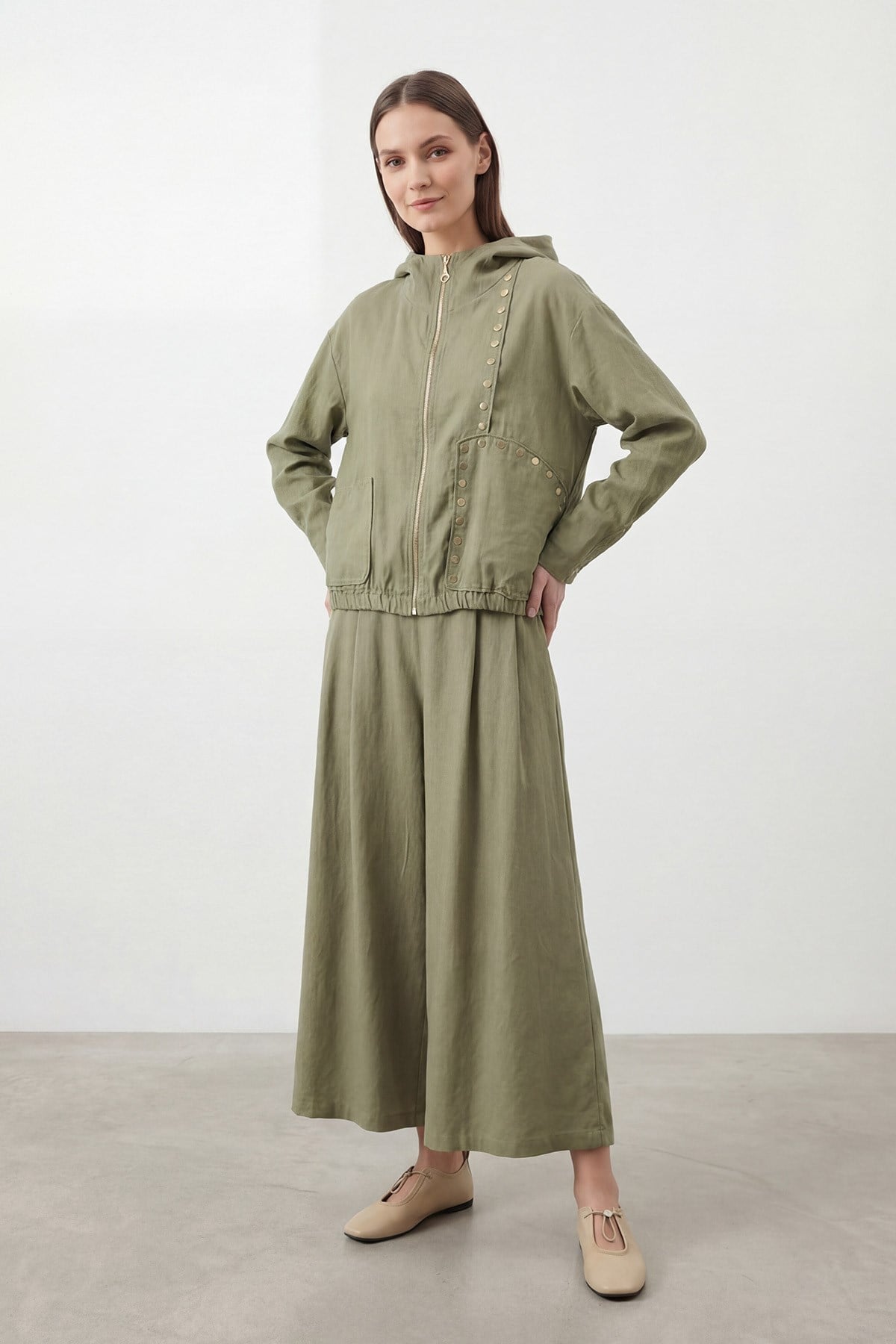 Kadın Zımba Detaylı Kapüşonlu  Bol Paça Takım – 14469TKS - ALMOND GREEN