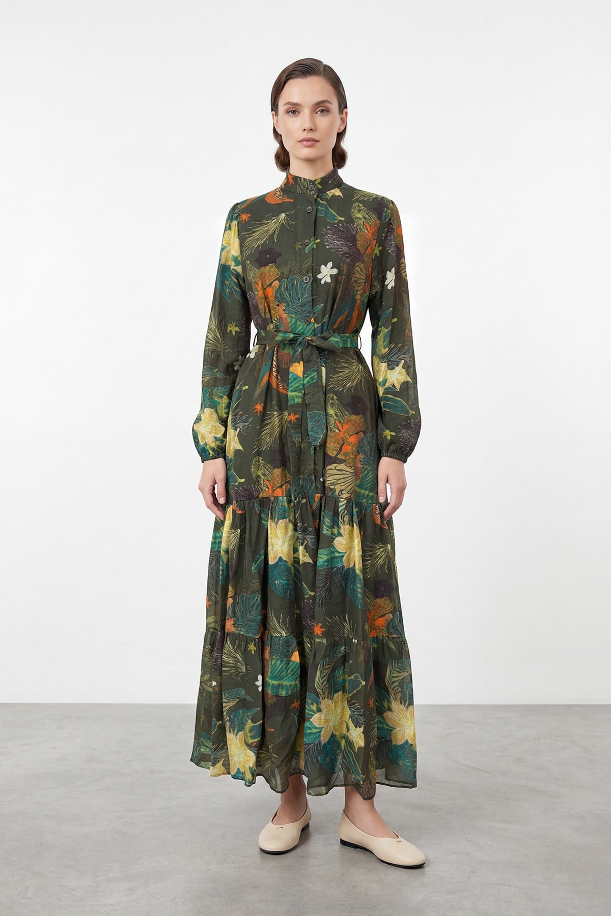 Kadın Desenli Uzun Elbise – 12684ELB - KHAKI