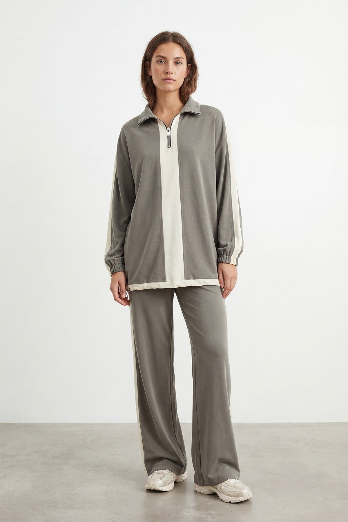 Kadın Yarım Fermuarlı Kontrast Detaylı Rahat Takım – 14485TKS - KHAKI