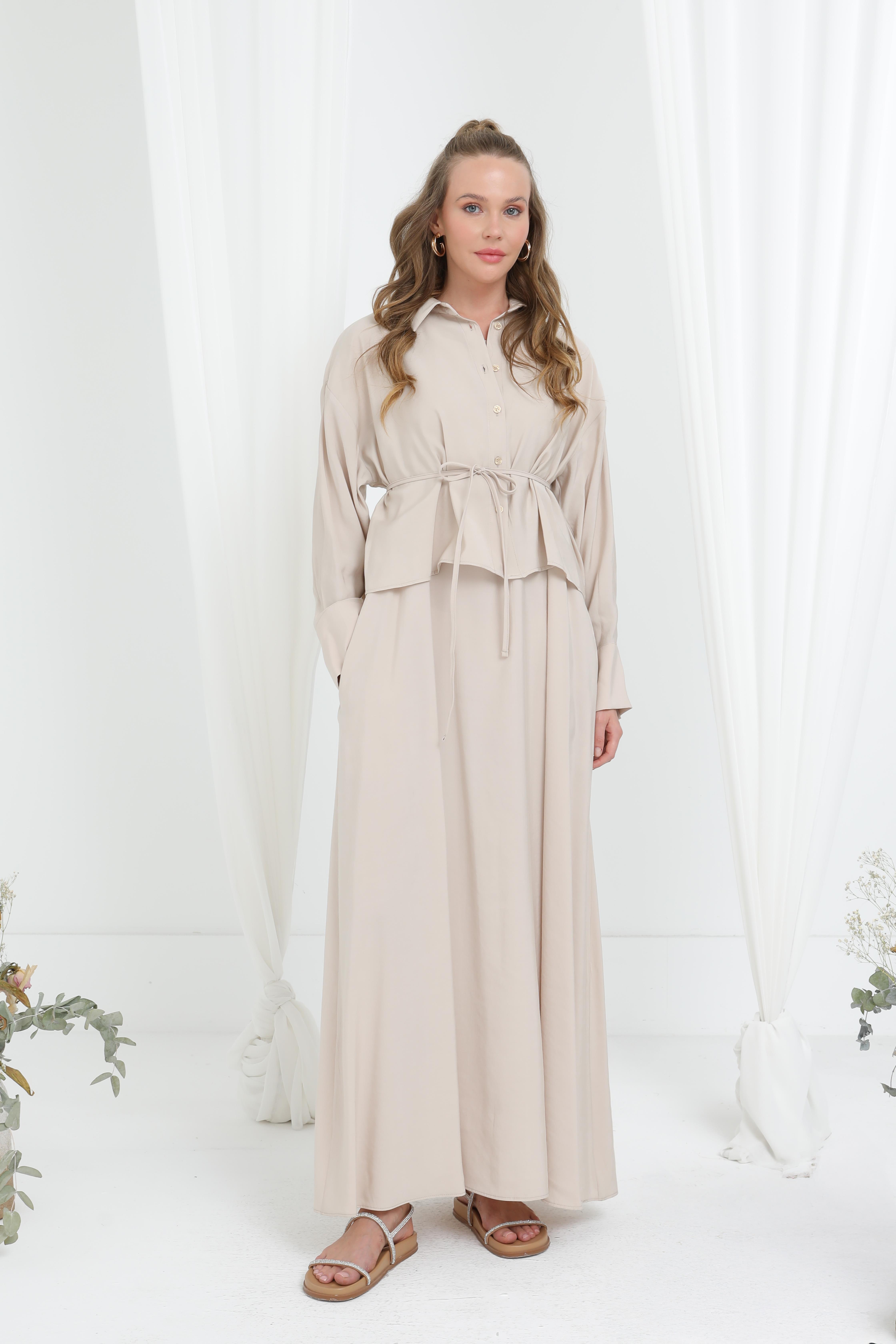 Kadın Rahat Kesim Gömlek Yaka Takım Elbise-20689TKS - BEIGE