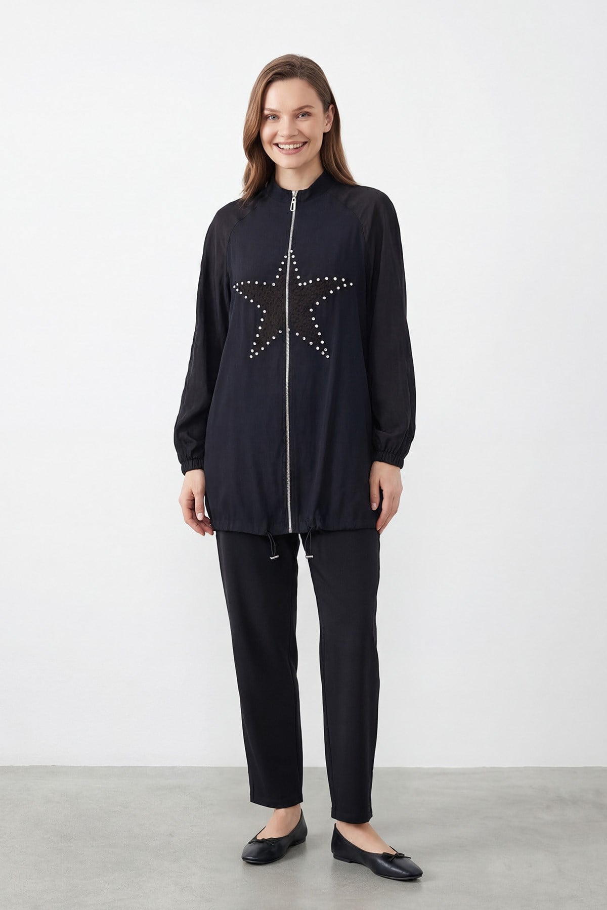 Kadın Yıldız Taş Detaylı Fermuarlı Tunik Pantolon Takım – 14447TKS - BLACK