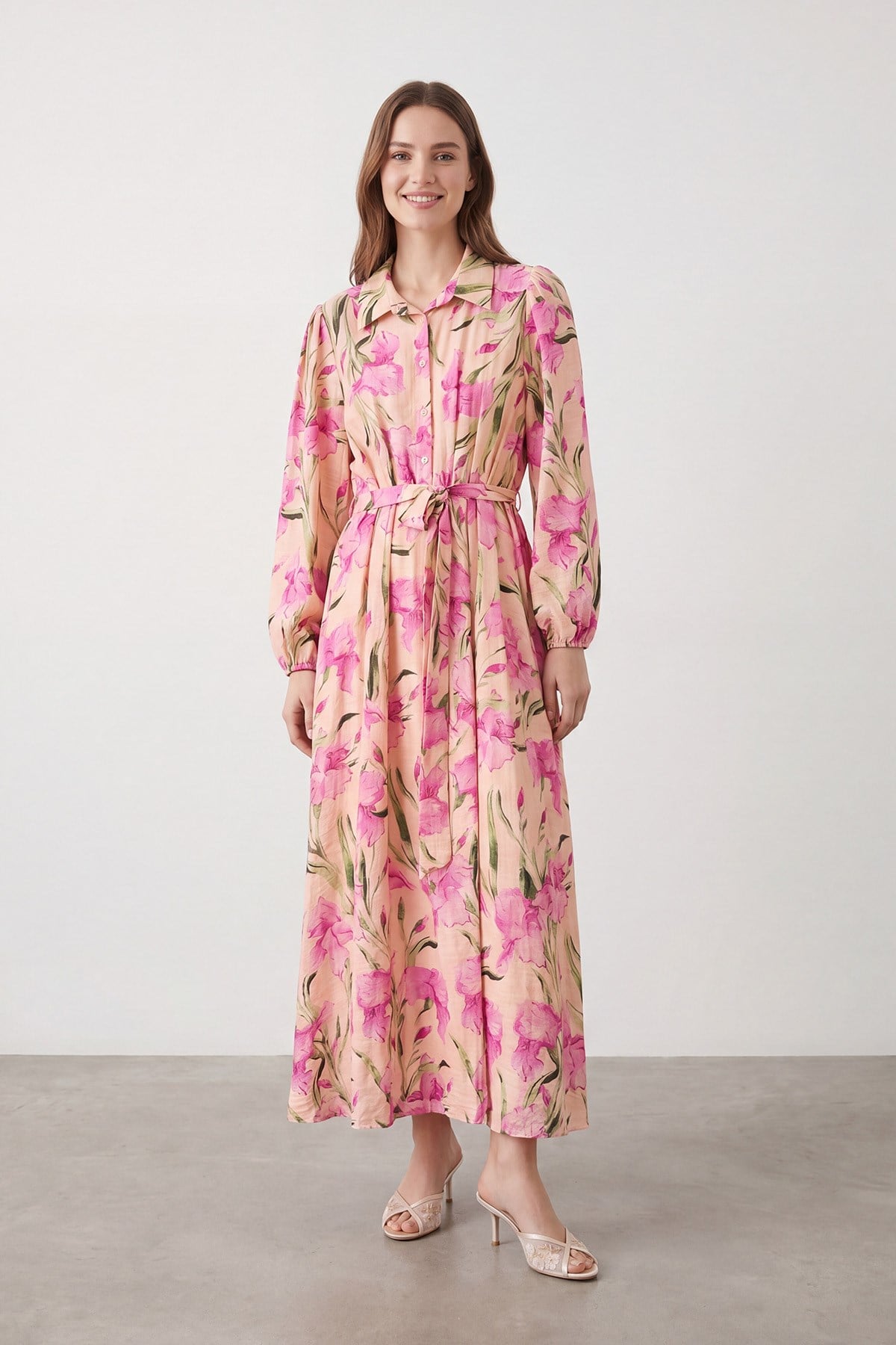 Kadın Floral Desenli Kuşaklı Uzun  Elbise - 32511ELB - POWDER-PINK