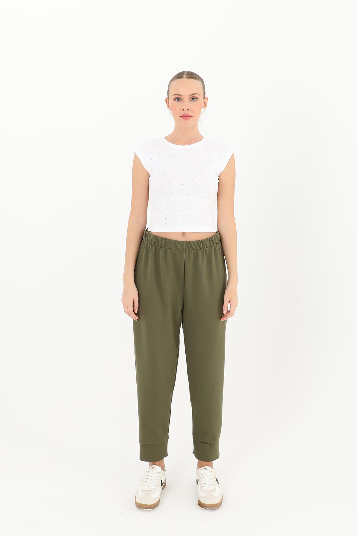 Kadın Ribana Detaylı Eşofman Altı - 30189PNT - KHAKI