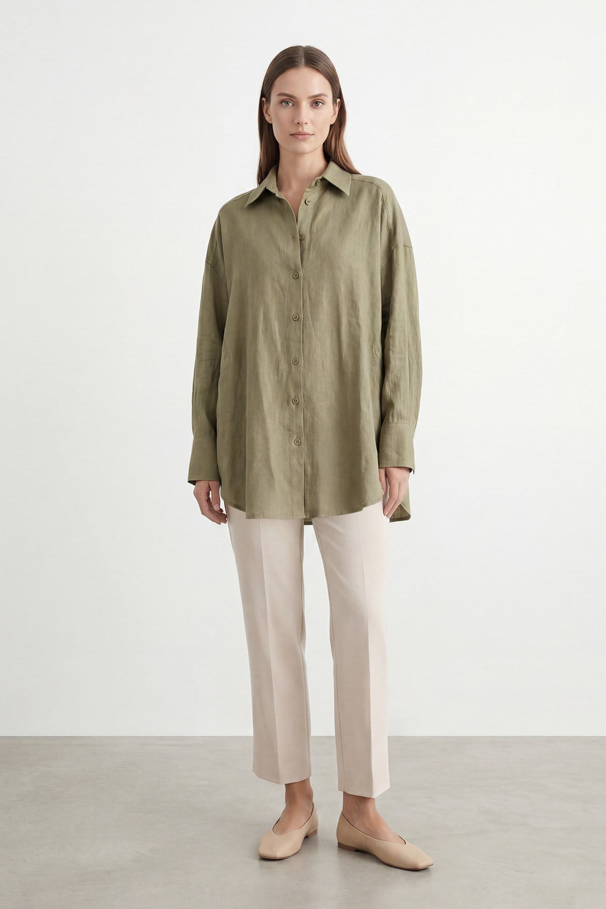 Kadın Naturel Dokulu Oversize Gömlek -10804GML - KHAKI