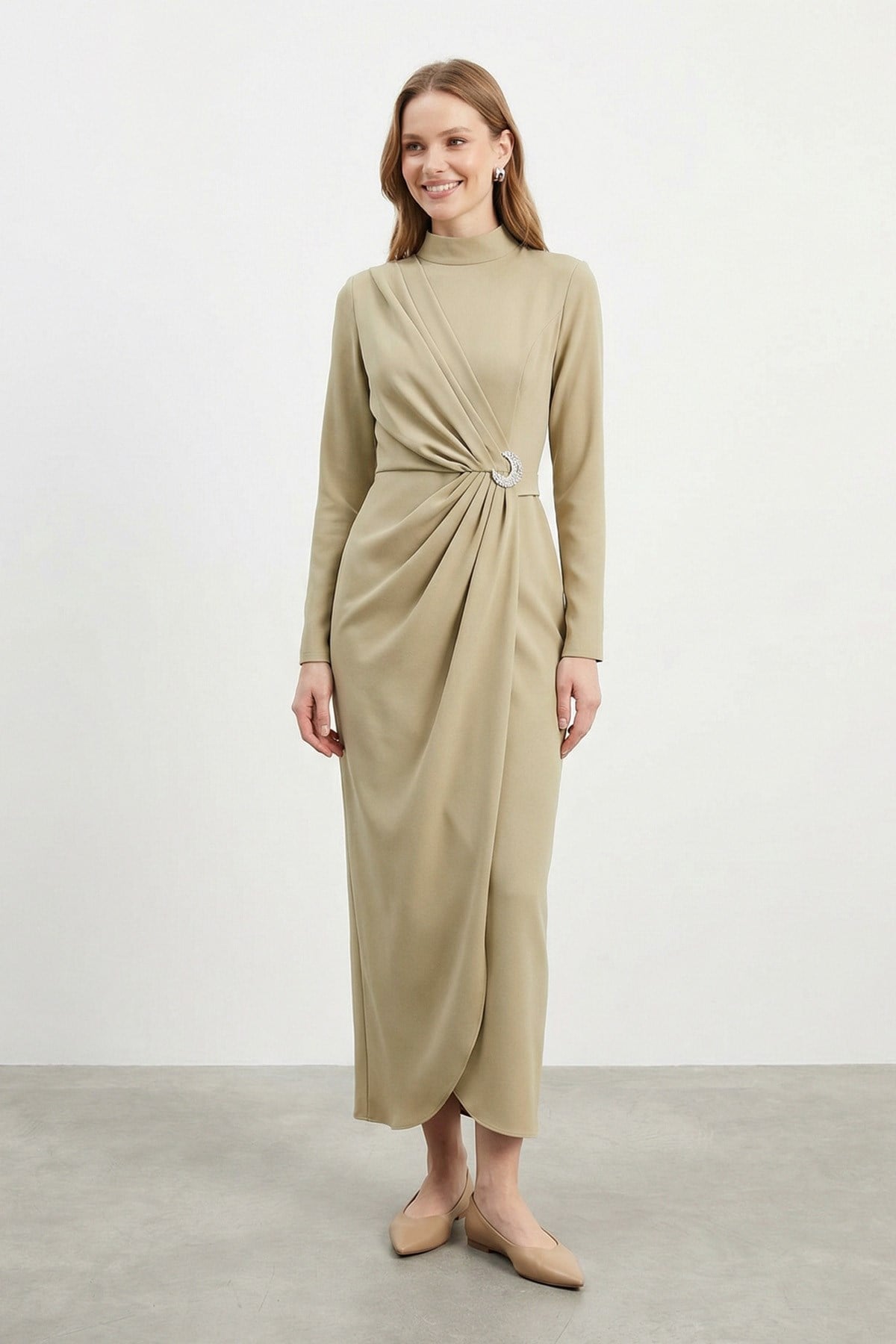Kadın Kruvaze Görünümlü Toka Detaylı Uzun Elbise -12678ELB - OLIVE