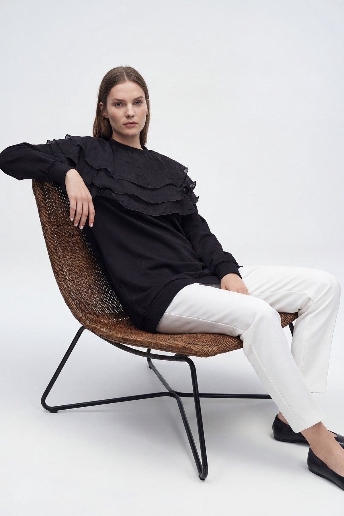 Kadın Katmanlı Fırfır Detaylı Uzun Tunik – 10770TUN - BLACK