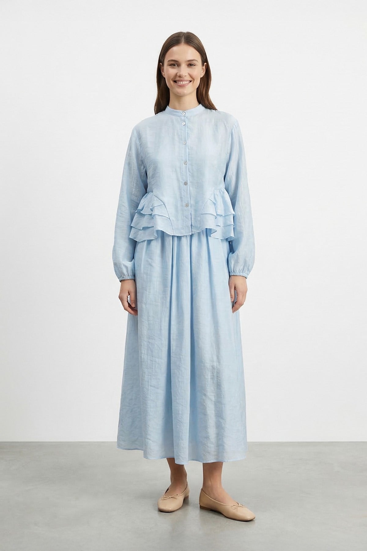 Kadın Hakim Yaka Fırfır Detaylı Tencel Tunik Etek Takım – 32502TKS - BLUE