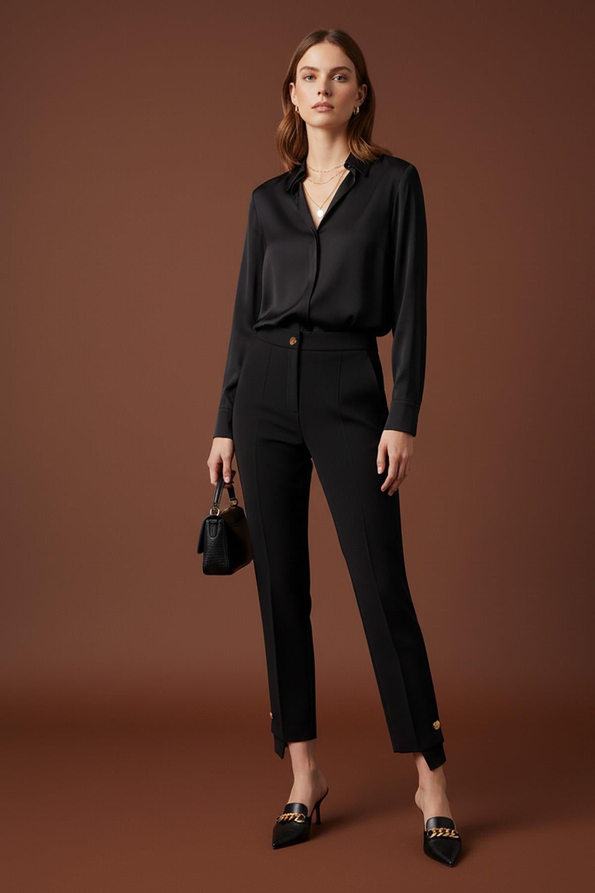 Kadın Paça Düğme Detaylı kumaş Pantolon -18277PNT - BLACK